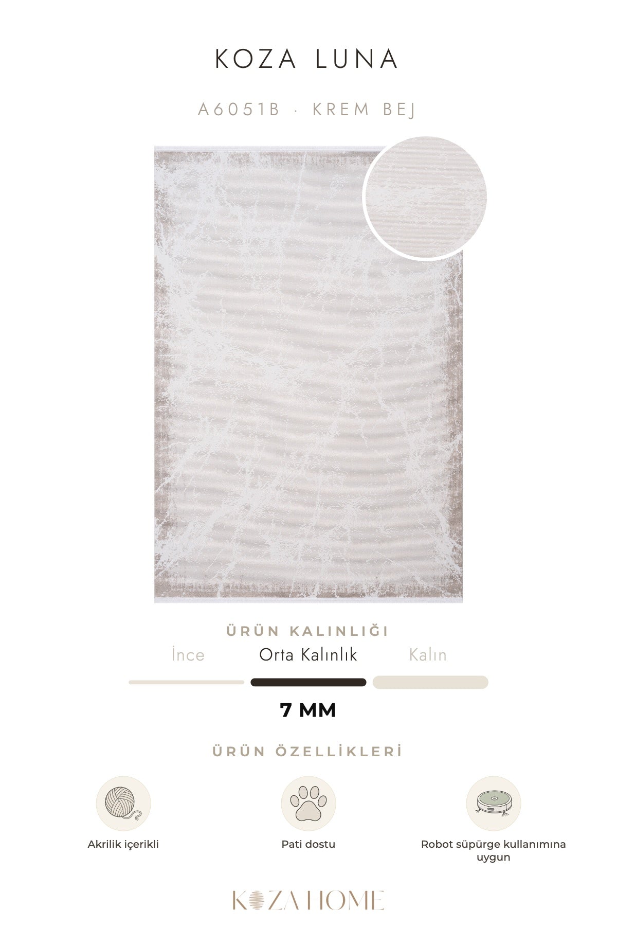 Koza Luna Krem Bej Çizgisel Salon Halısı A6051B