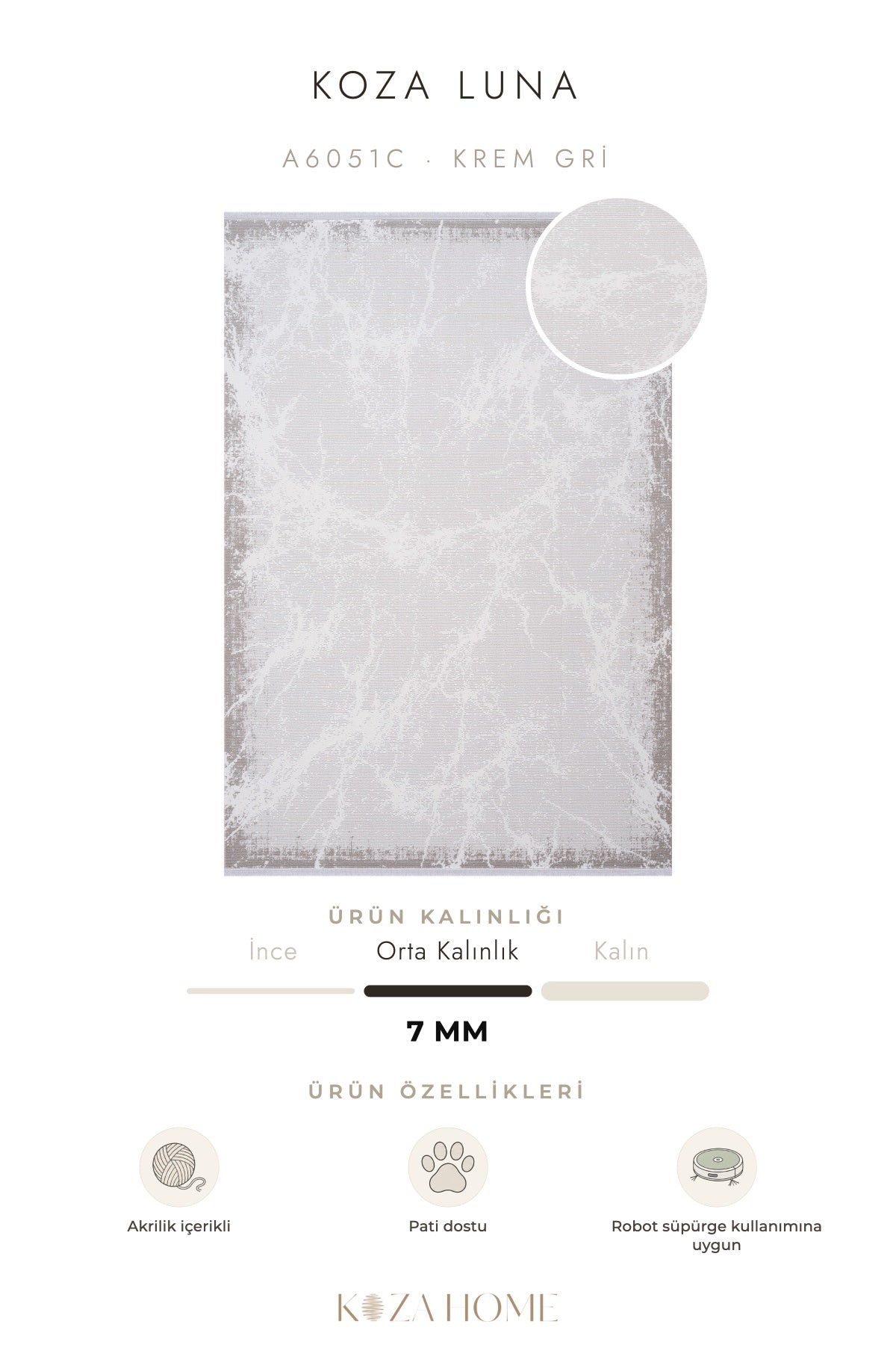 Koza Luna Krem Gri Çizgisel Salon Halısı A6051C