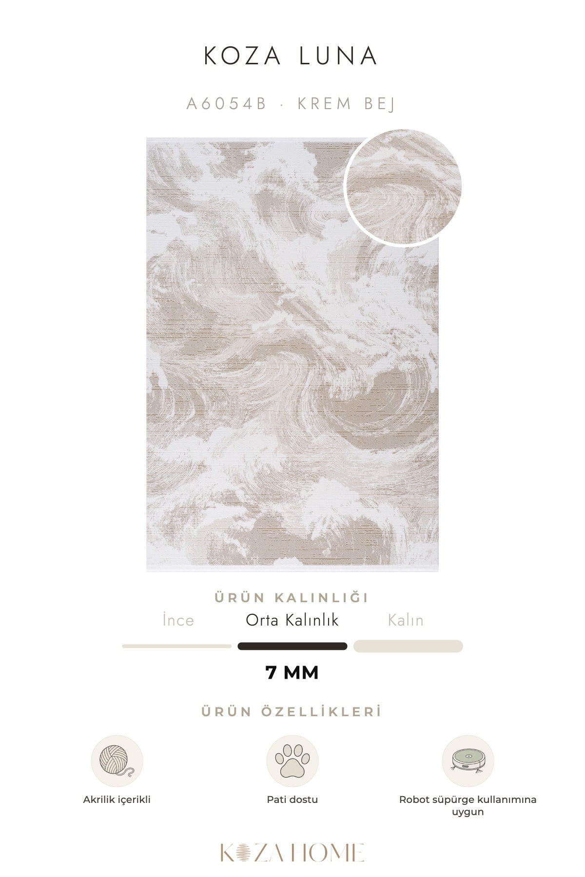 Koza Luna Krem Bej Çizgisel Salon Halısı A6054B