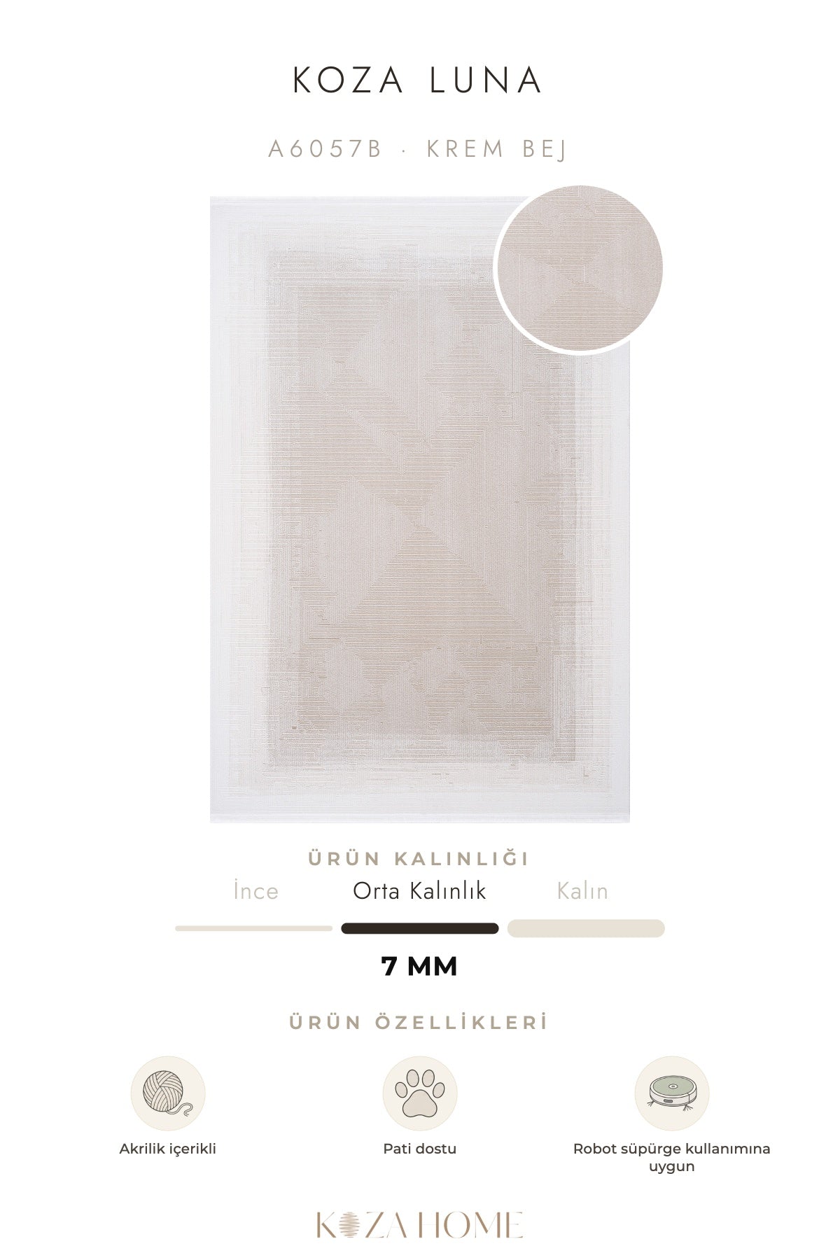 Koza Luna Krem Bej Çizgisel Salon Halısı A6057B