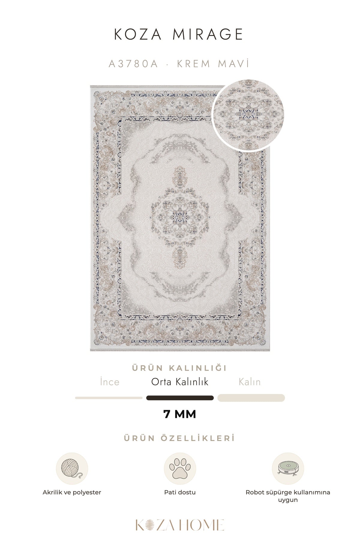 Koza Mirage Krem Mavi Soyut Desenli Salon Halısı A3780A