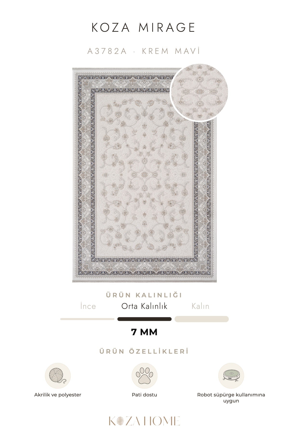 Koza Mirage Krem Mavi Soyut Desenli Salon Halısı A3782A