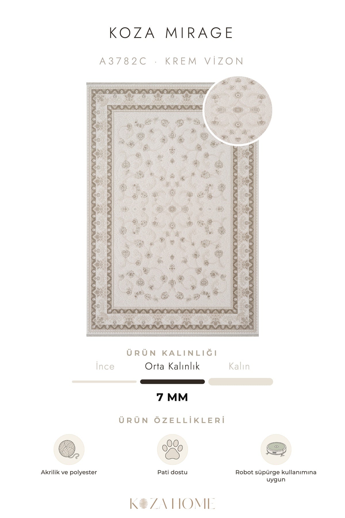 Koza Mirage Krem Vizon Soyut Desenli Salon Halısı A3782C