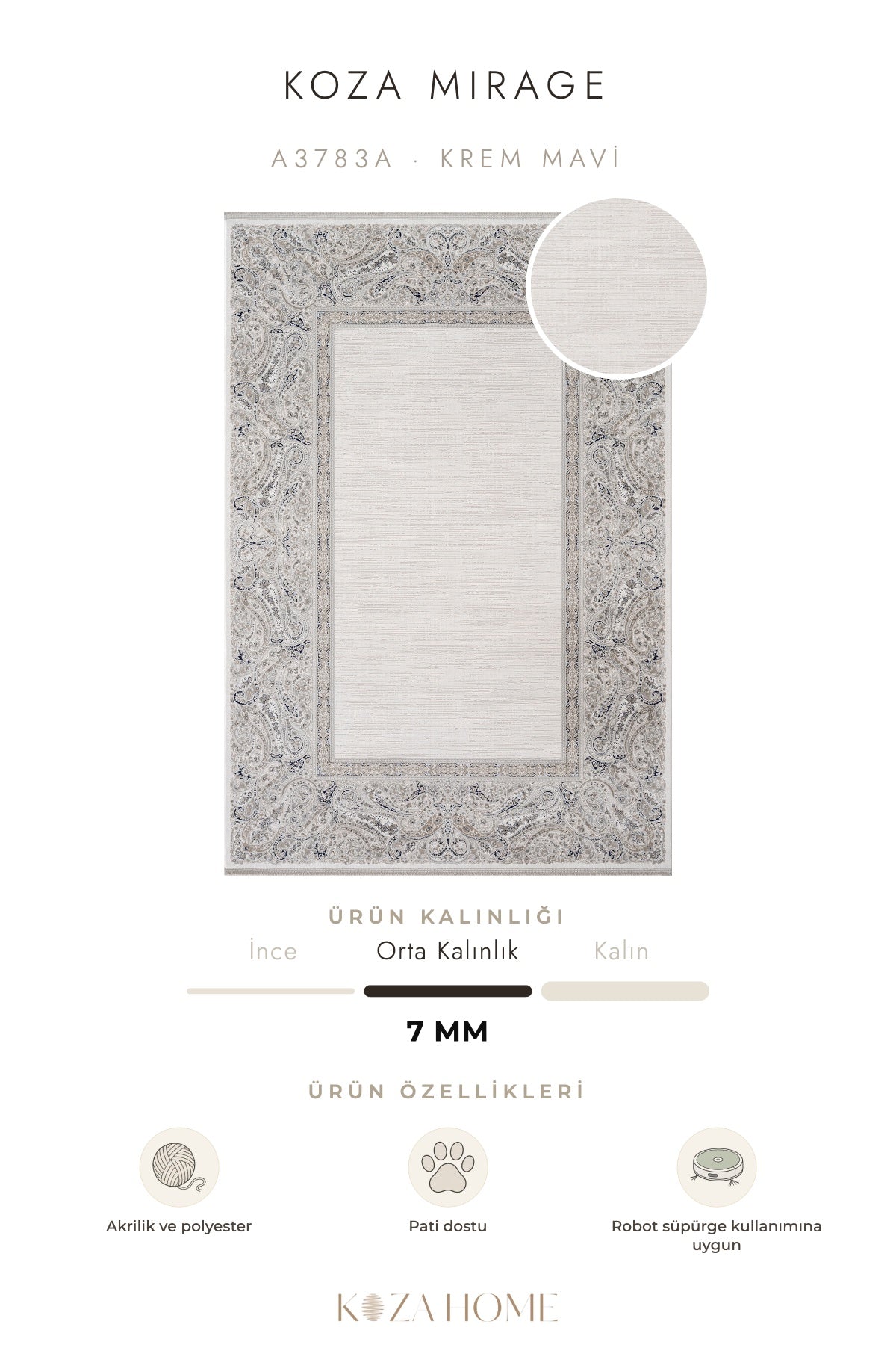 Koza Mirage Krem Mavi Soyut Desenli Salon Halısı A3783A