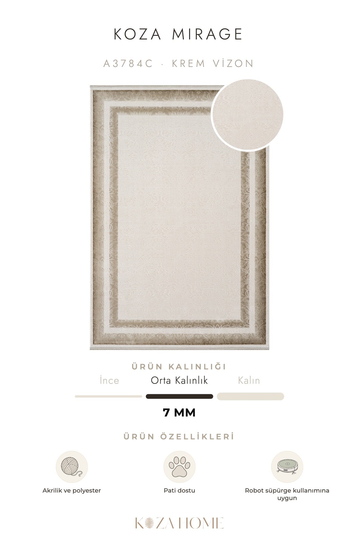 Koza Mirage Krem Vizon Soyut Desenli Salon Halısı A3784C