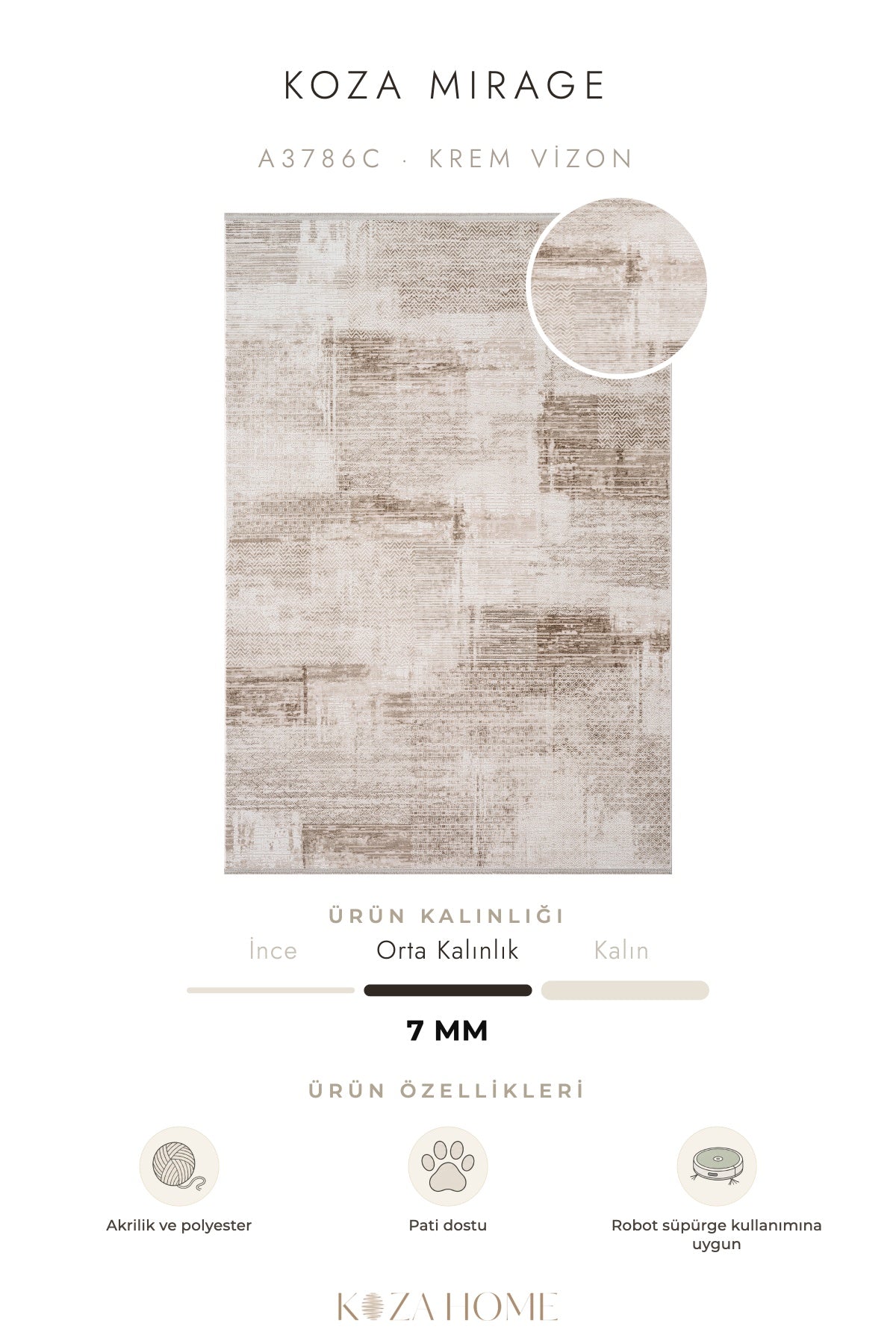 Koza Mirage Krem Vizon Soyut Desenli Salon Halısı A3786C
