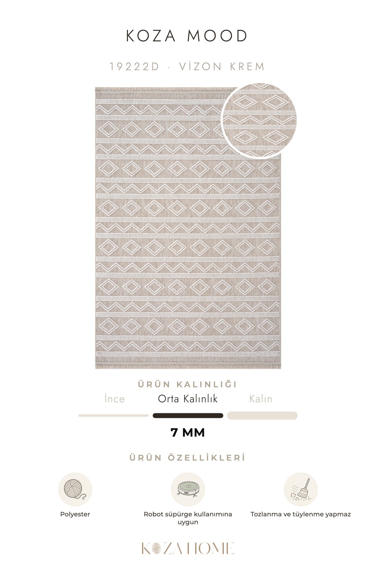 Koza Mood Vizon Krem Geometrik Salon Halısı 19222D