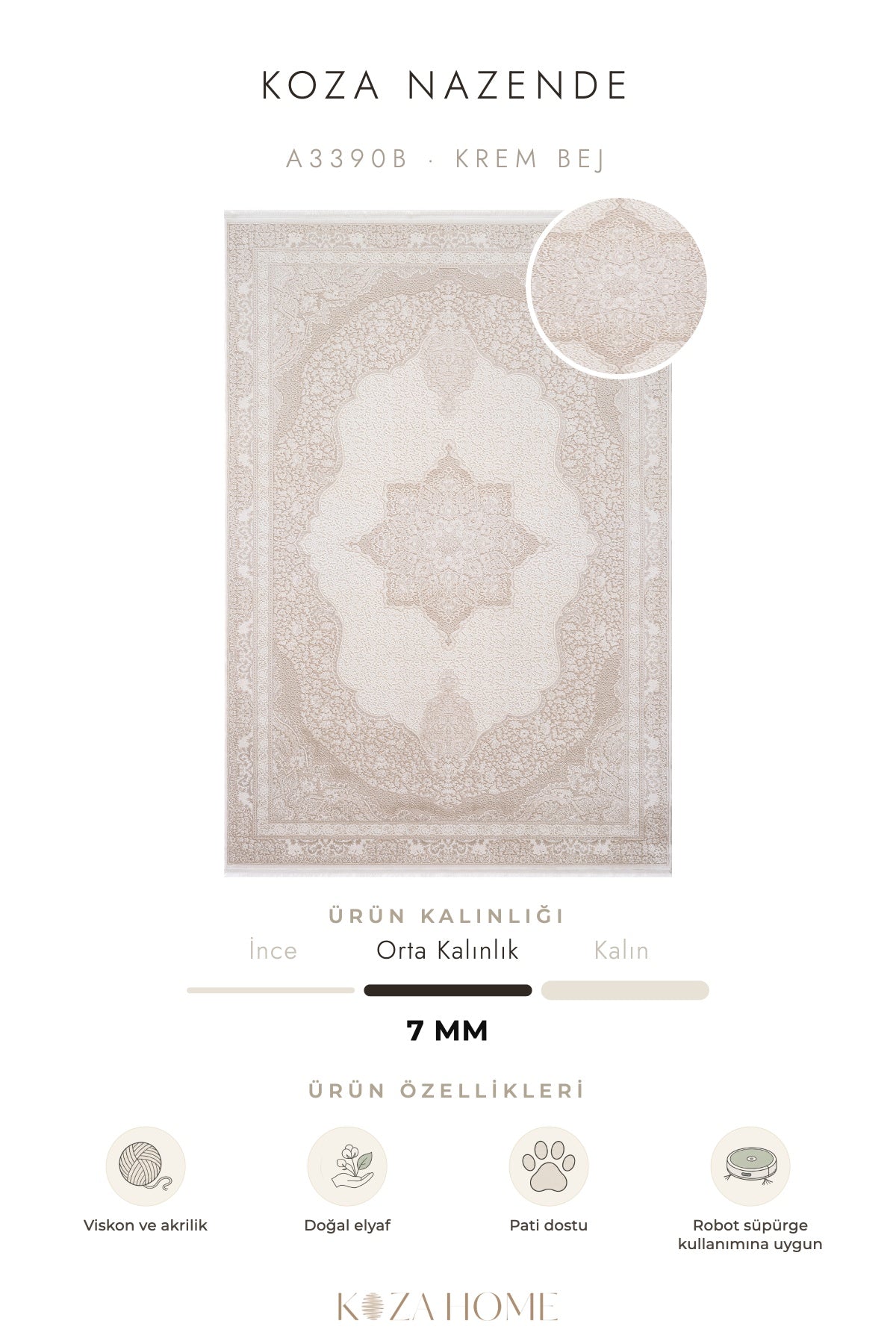 Koza Nazende Krem Bej Göbekli Salon Halısı A3390B