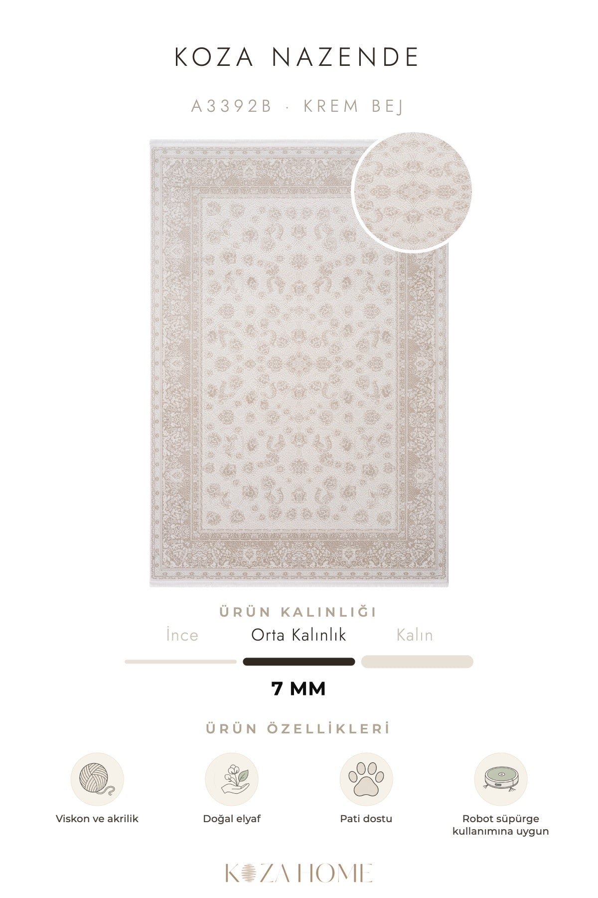Koza Nazende Krem Bej Göbekli Salon Halısı A3392B