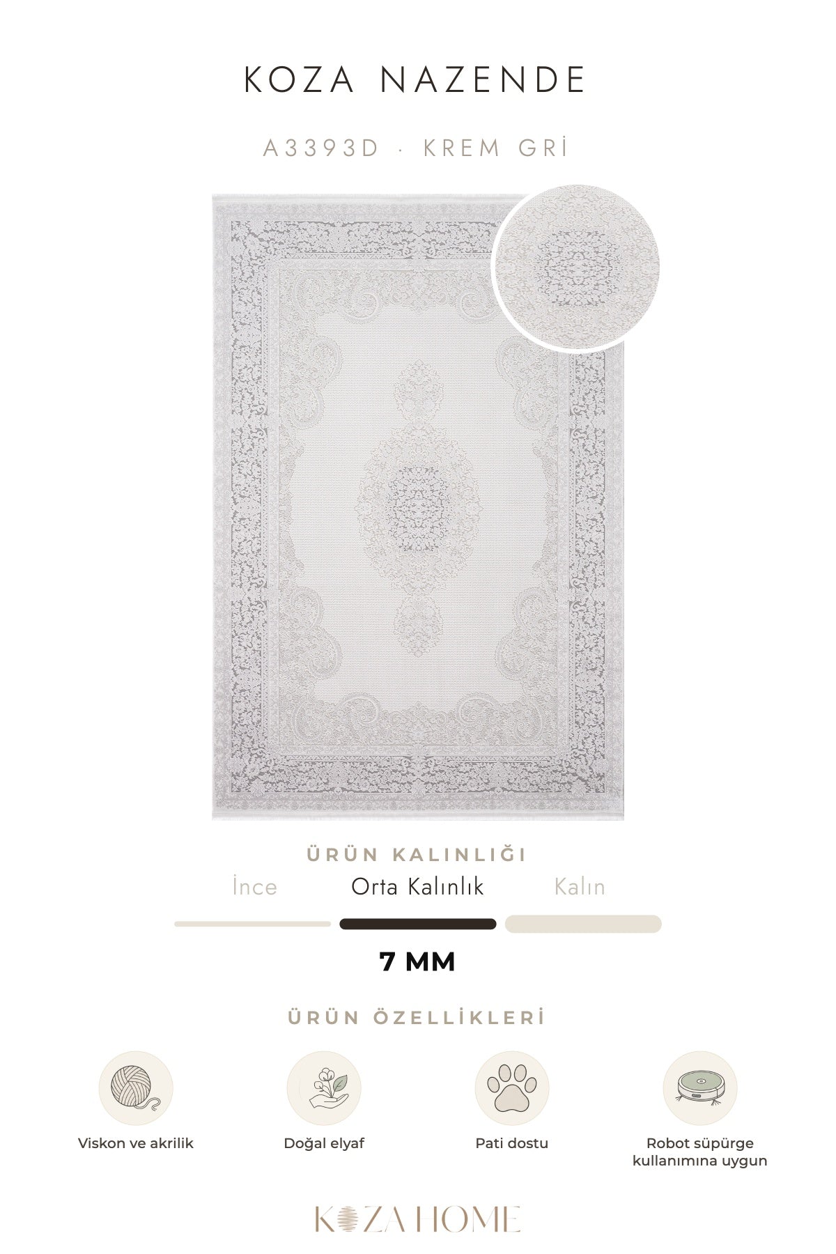 Koza Nazende Krem Gri Göbekli Salon Halısı A3393D