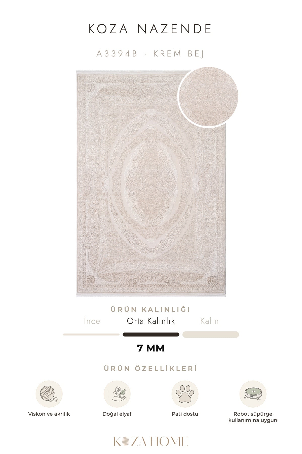 Koza Nazende Krem Bej Göbekli Salon Halısı A3394B