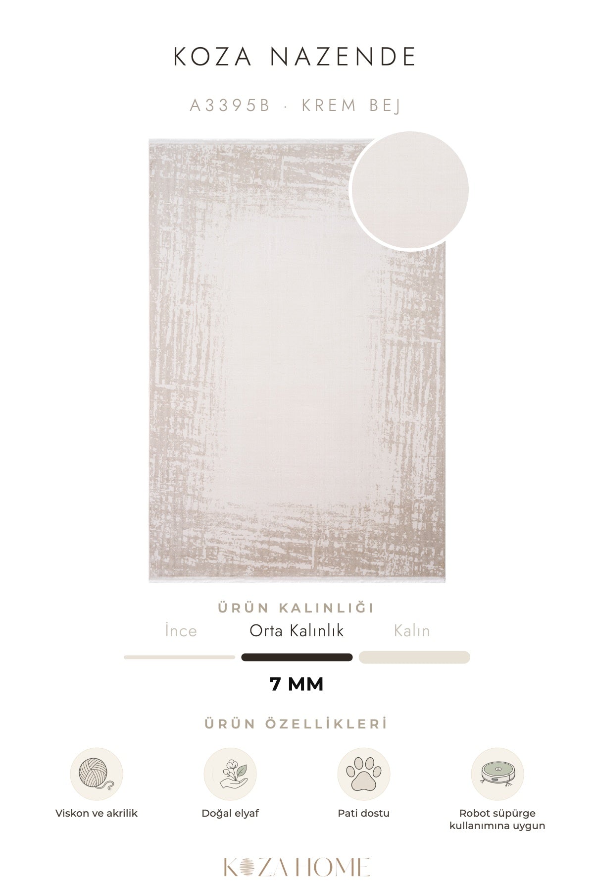 Koza Nazende Krem Bej Göbekli Salon Halısı A3395B
