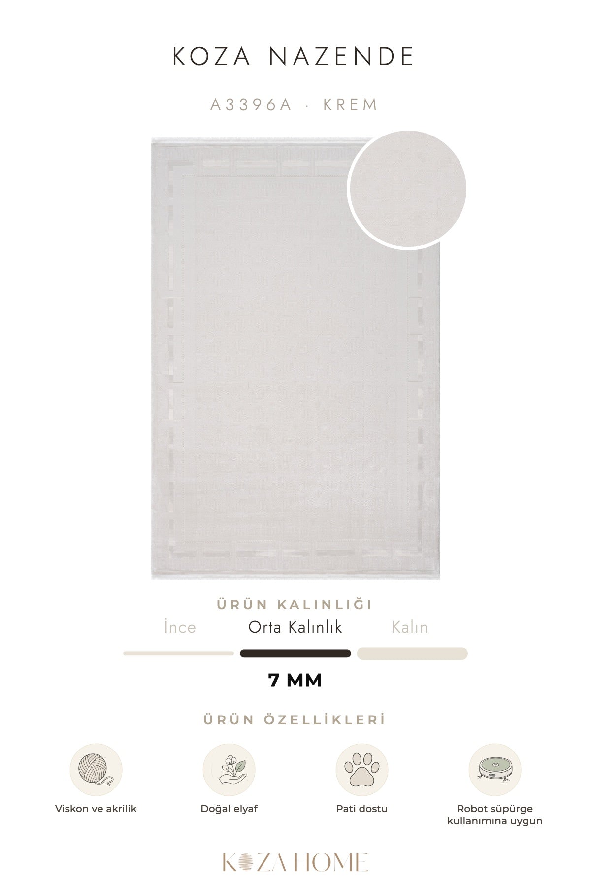Koza Nazende Krem Göbekli Salon Halısı A3396A