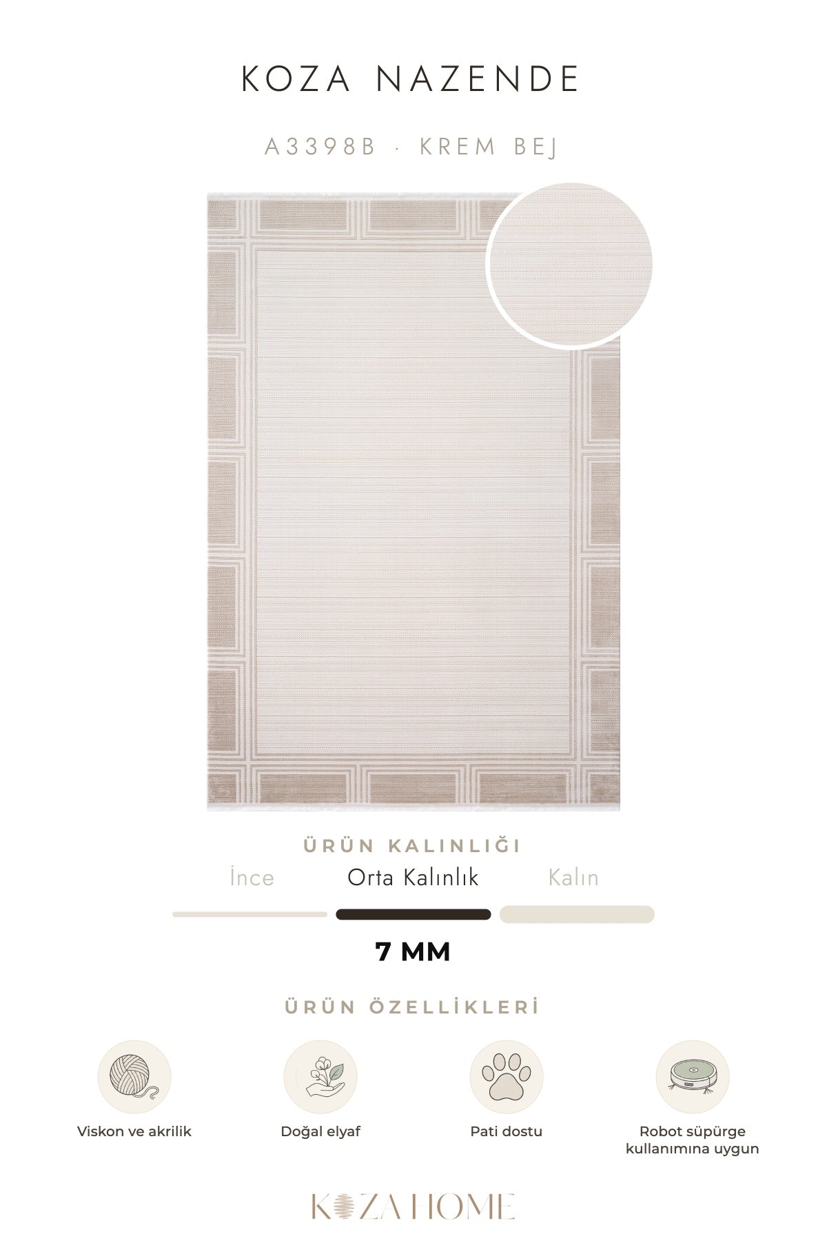 Koza Nazende Krem Bej Göbekli Salon Halısı A3398B
