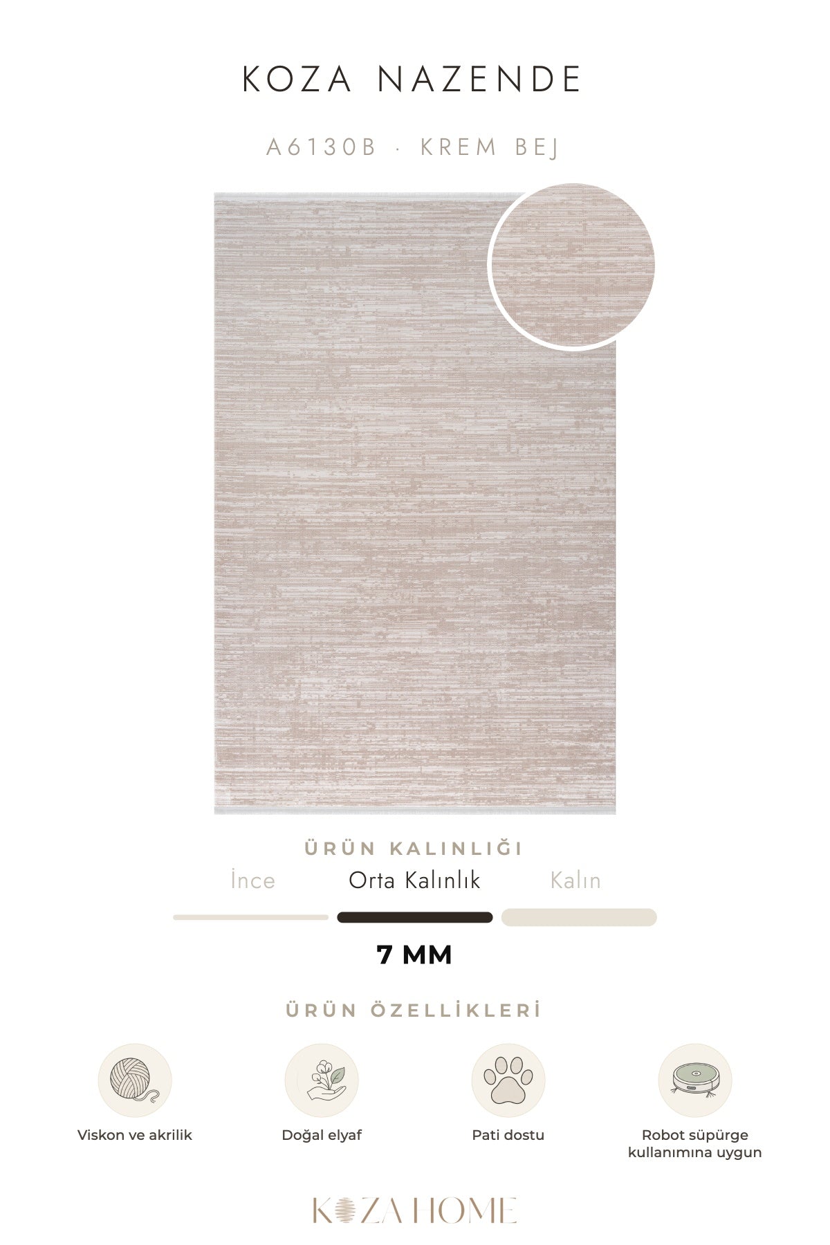 Koza Nazende Krem Bej Göbekli Salon Halısı A6130B