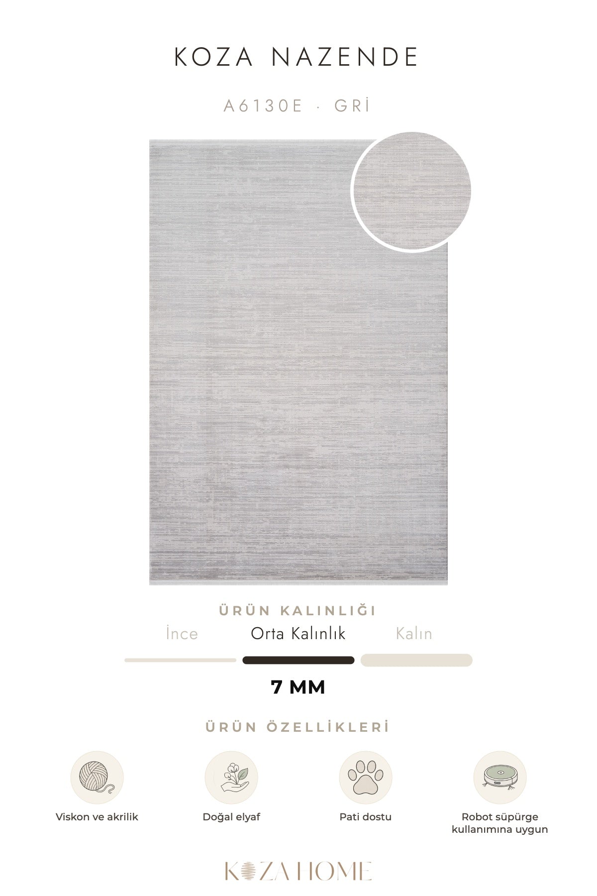 Koza Nazende Gri Göbekli Salon Halısı A6130E