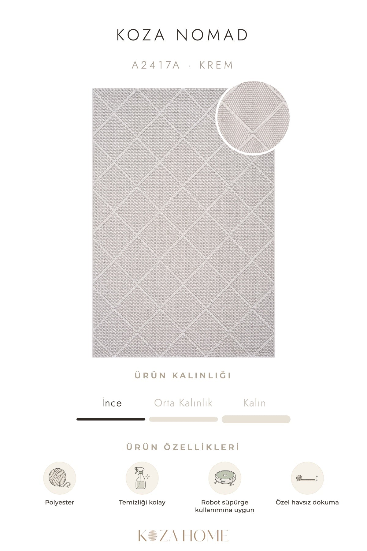 Koza Nomad Krem Havsız Salon Halısı A2417A