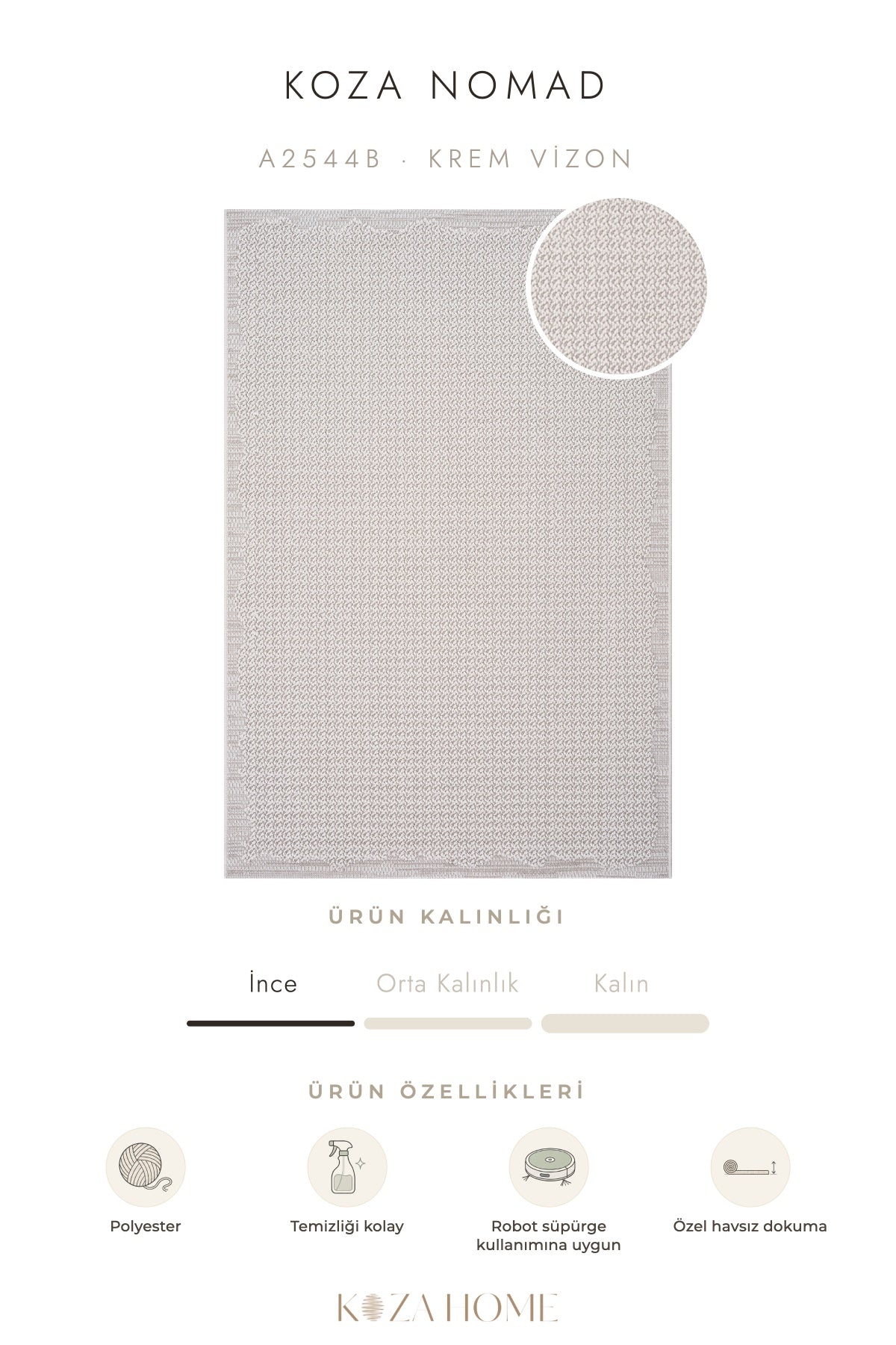 Koza Nomad Krem Vizon Havsız Salon Halısı A2544B