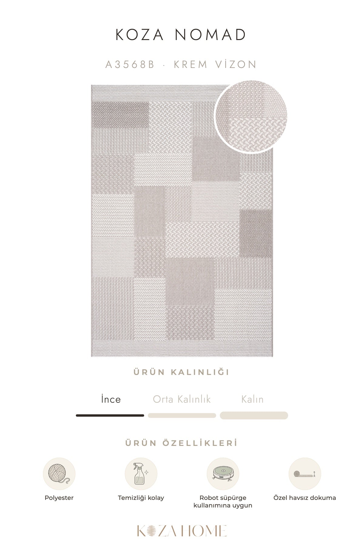 Koza Nomad Krem Vizon Havsız Salon Halısı A3568B