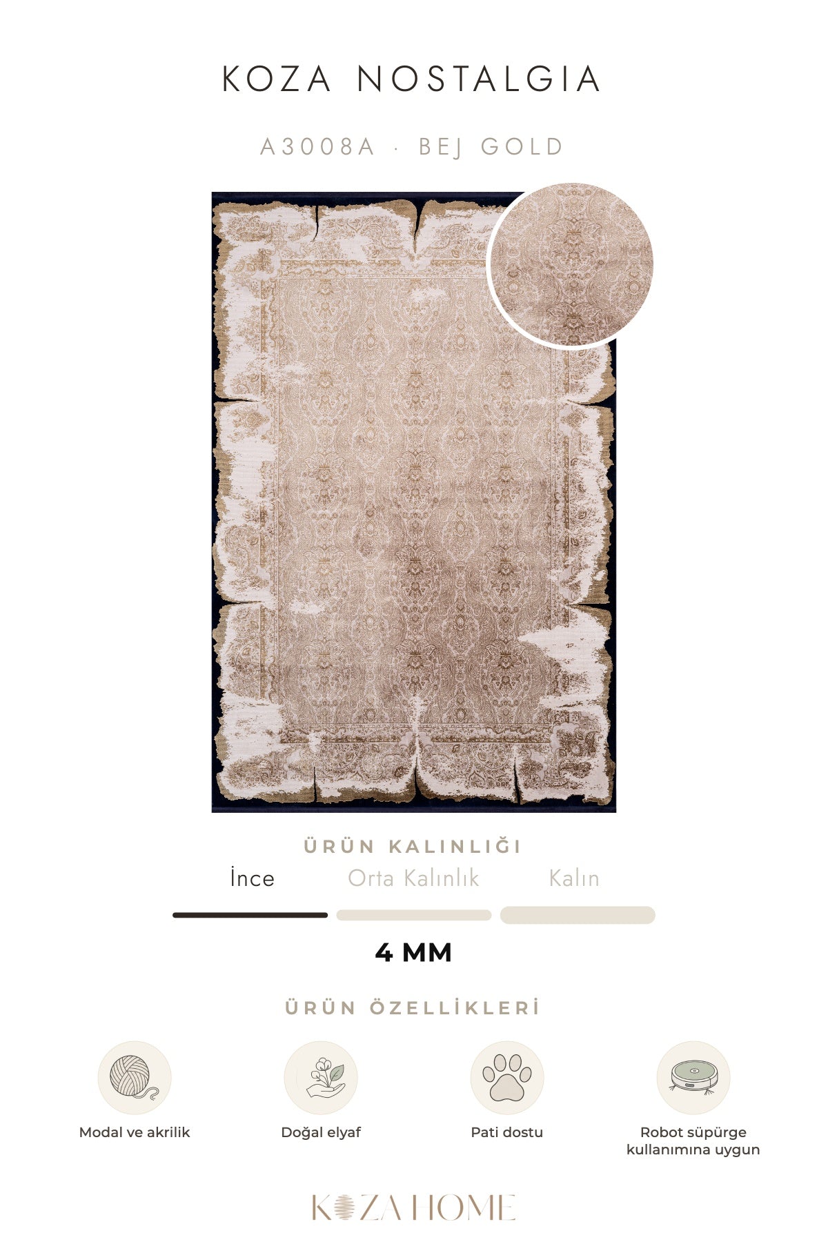 Koza Nostalgia Bej Gold Geleneksel Motifli Salon Halısı A3008A