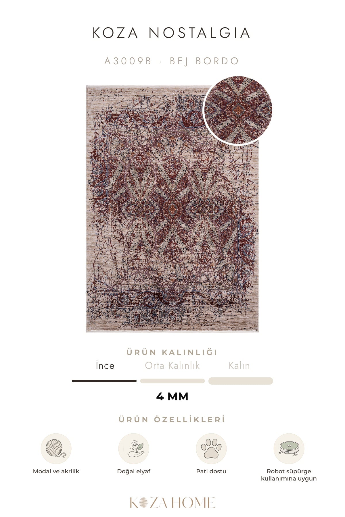 Koza Nostalgia Bej Bordo Geleneksel Motifli Salon Halısı A3009B