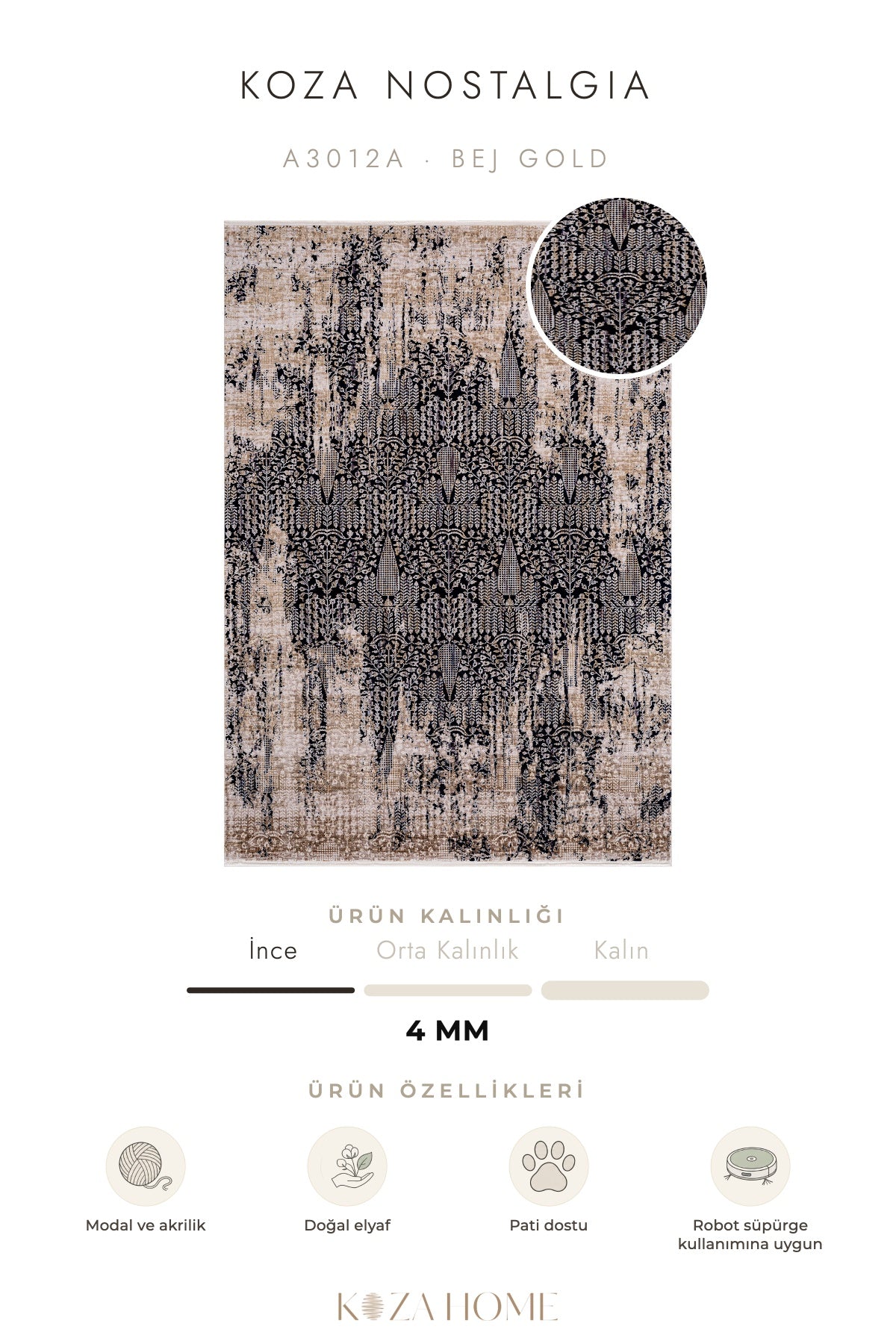 Koza Nostalgia Bej Gold Geleneksel Motifli Salon Halısı A3012A