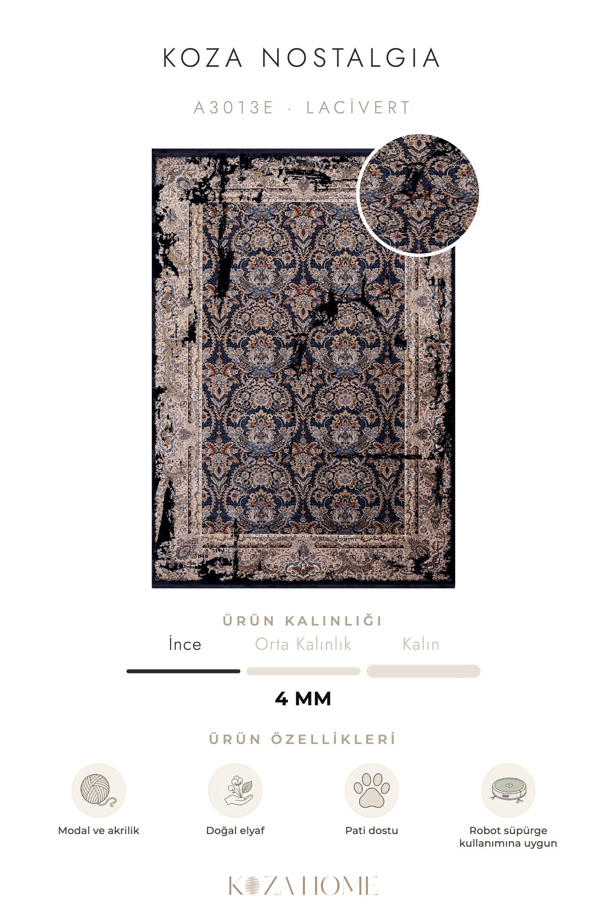 Koza Nostalgia Lacivert Geleneksel Motifli Salon Halısı A3013E