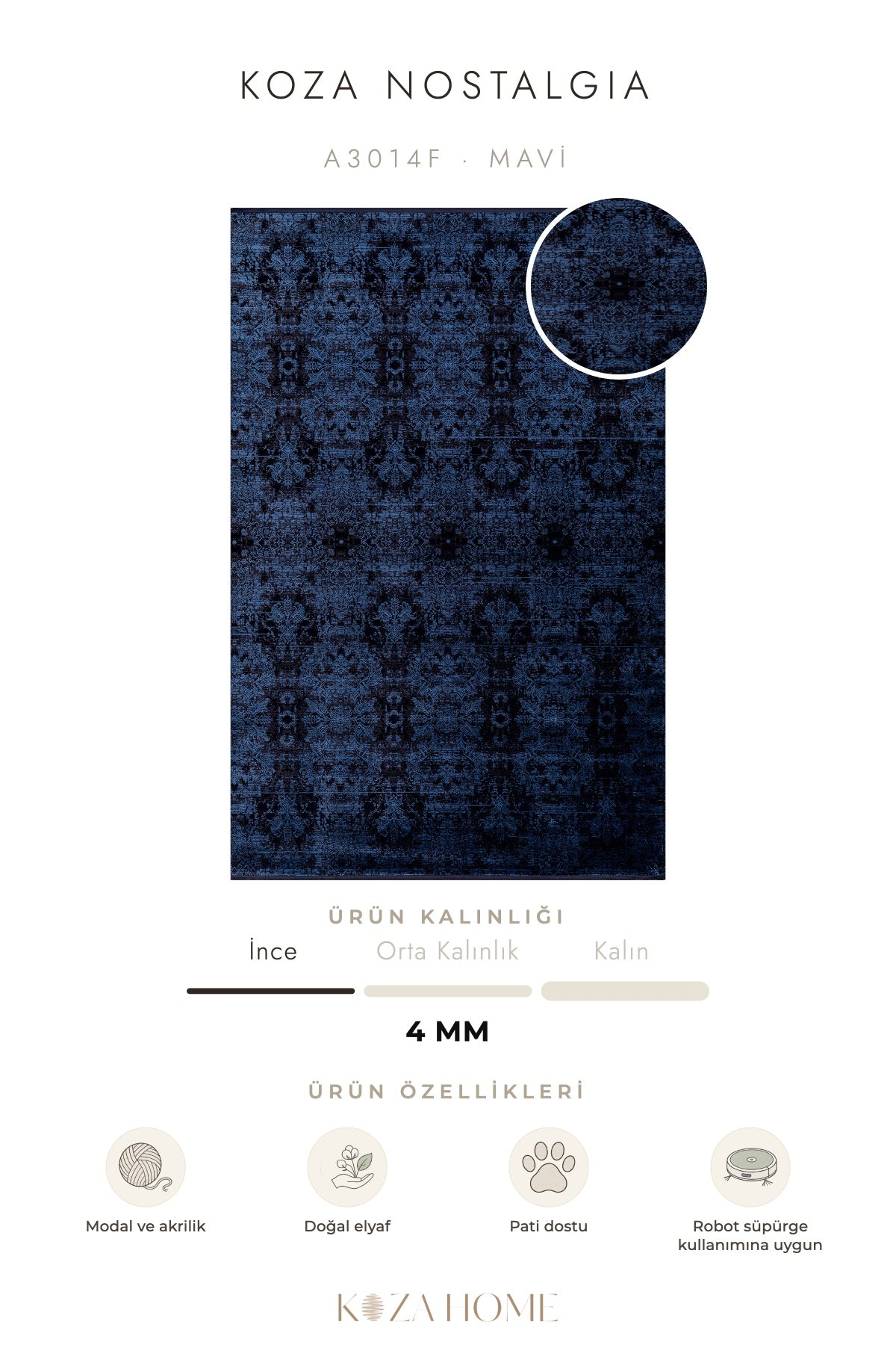 Koza Nostalgia Mavi Geleneksel Motifli Salon Halısı A3014F