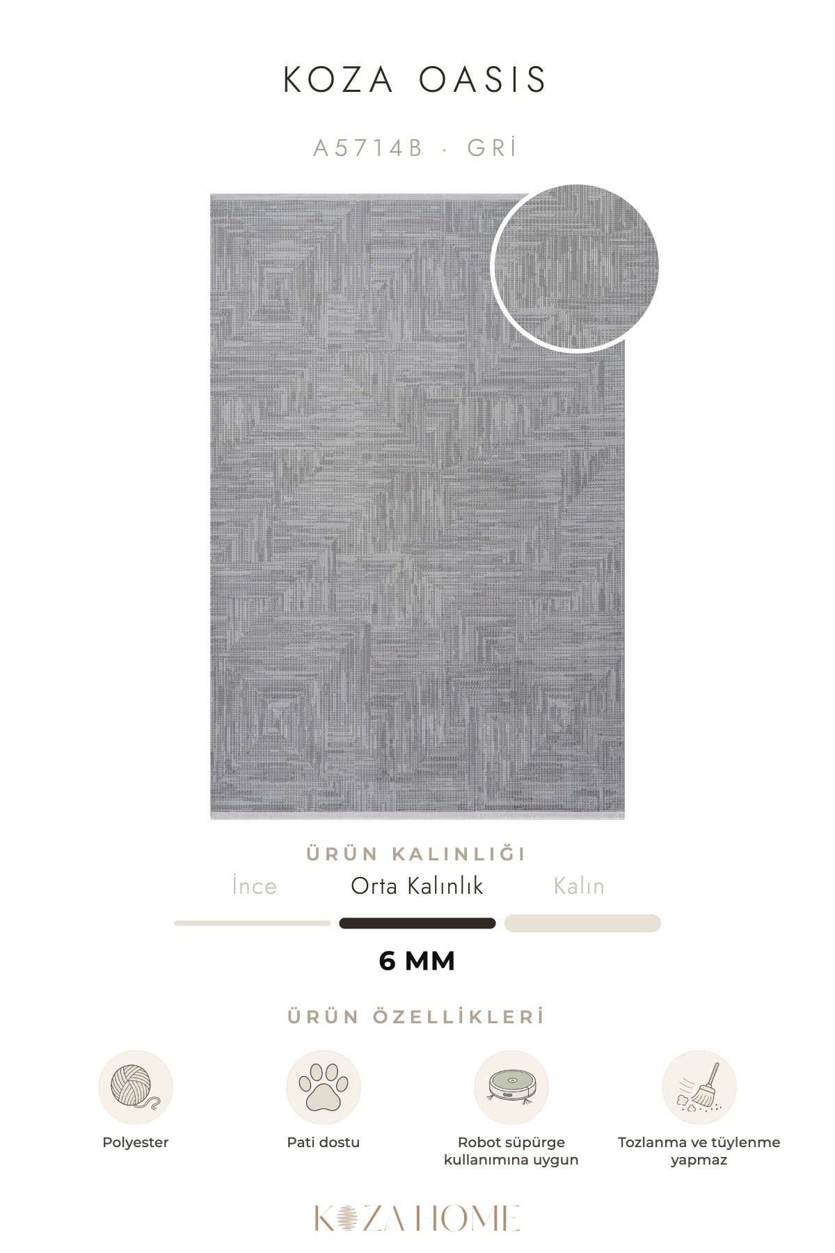 Koza Oasis Gri Çizgisel Salon Halısı A5714B