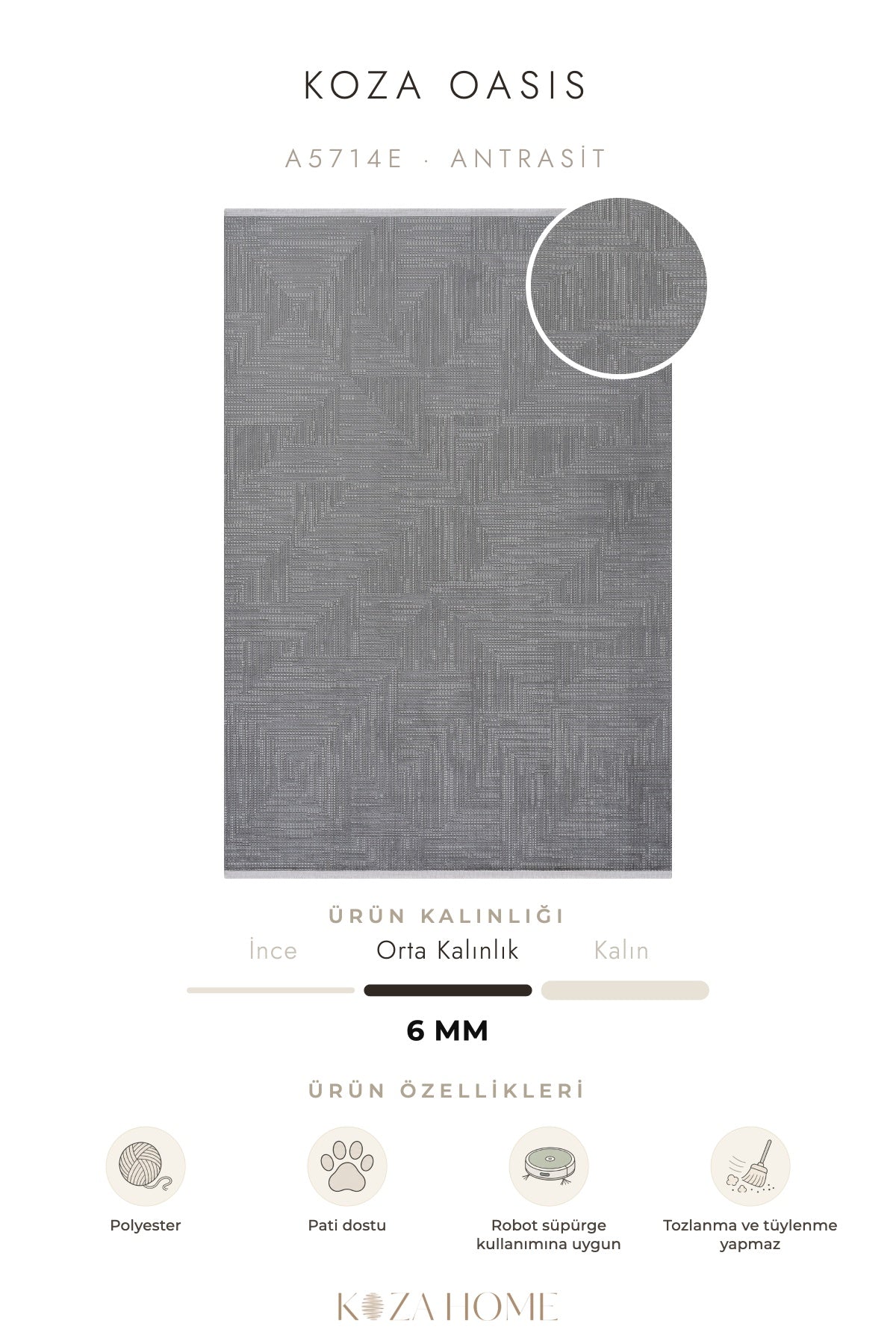 Koza Oasis Antrasit Çizgisel Salon Halısı A5714E
