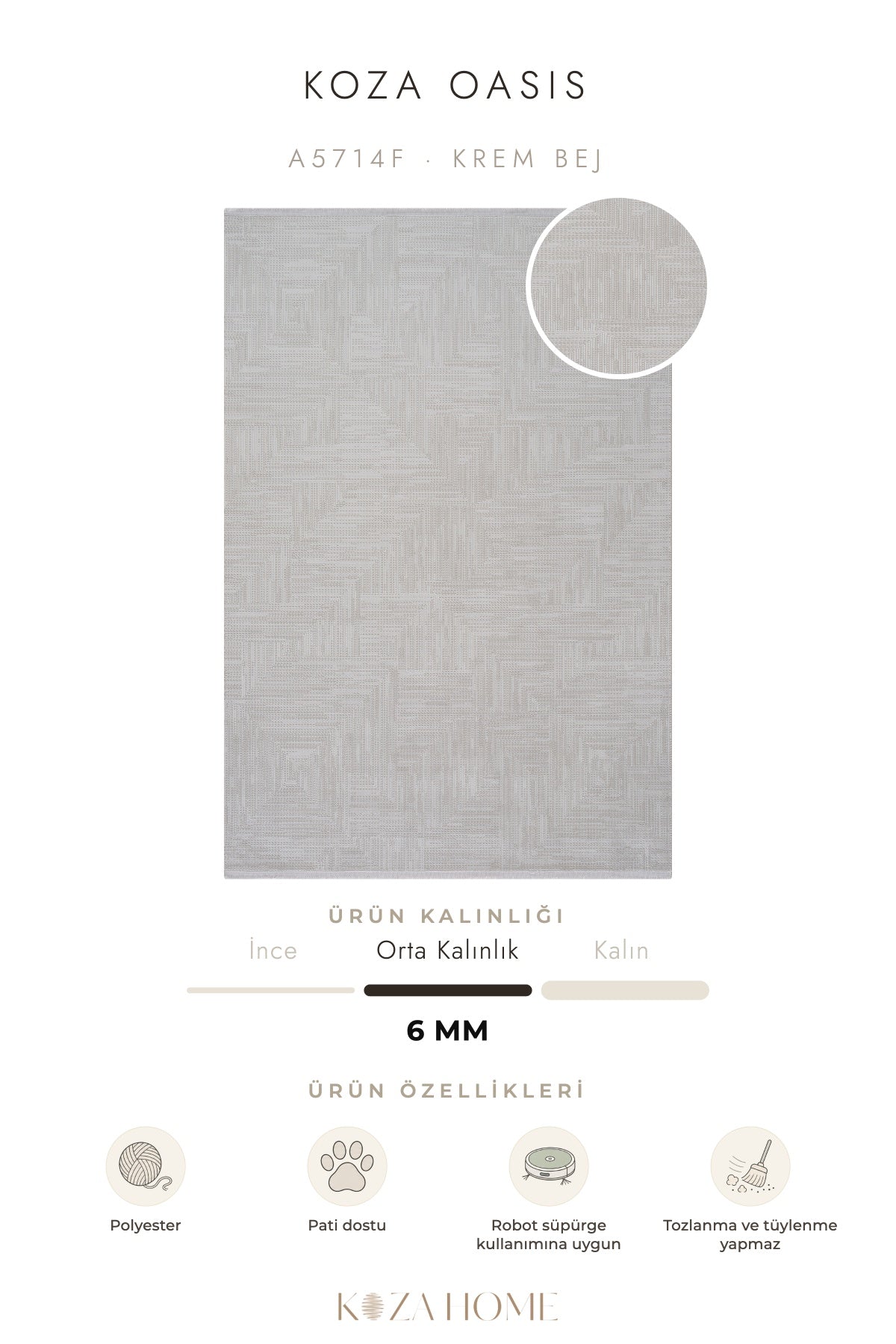 Koza Oasis Krem Bej Çizgisel Salon Halısı A5714F
