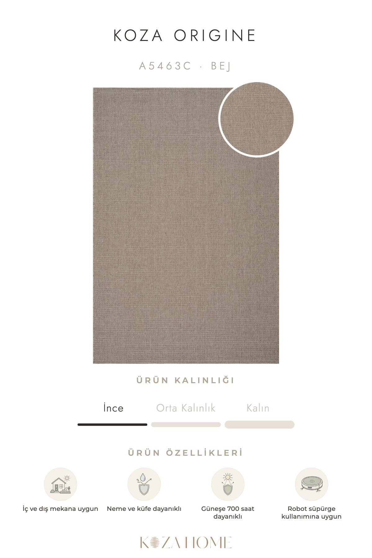 Koza Origine Bej Düz Dokuma Balkon Teras Bahçe Halısı A5463C