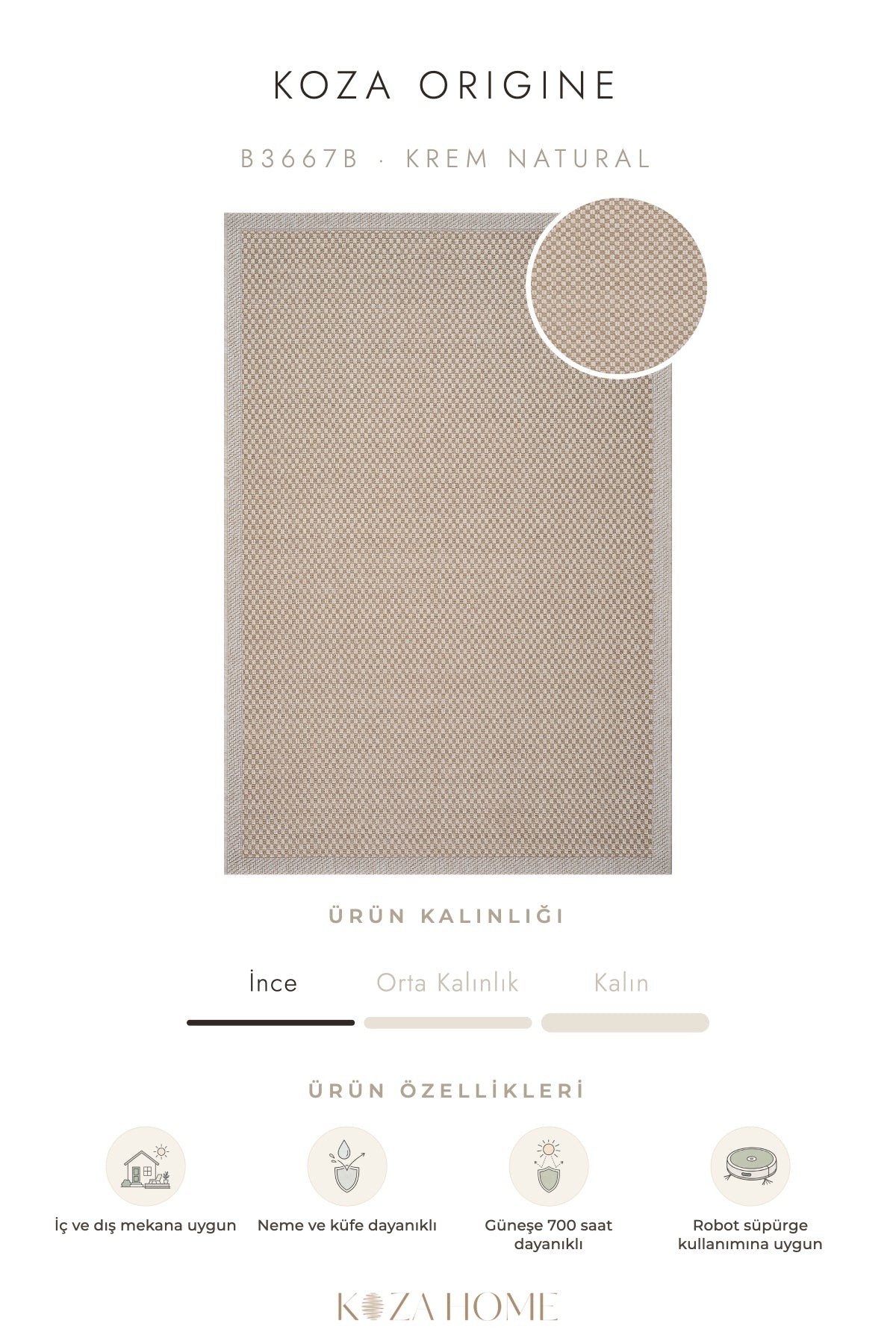 Koza Origine Krem Natural Düz Dokuma Balkon Teras Bahçe Halısı B3667B