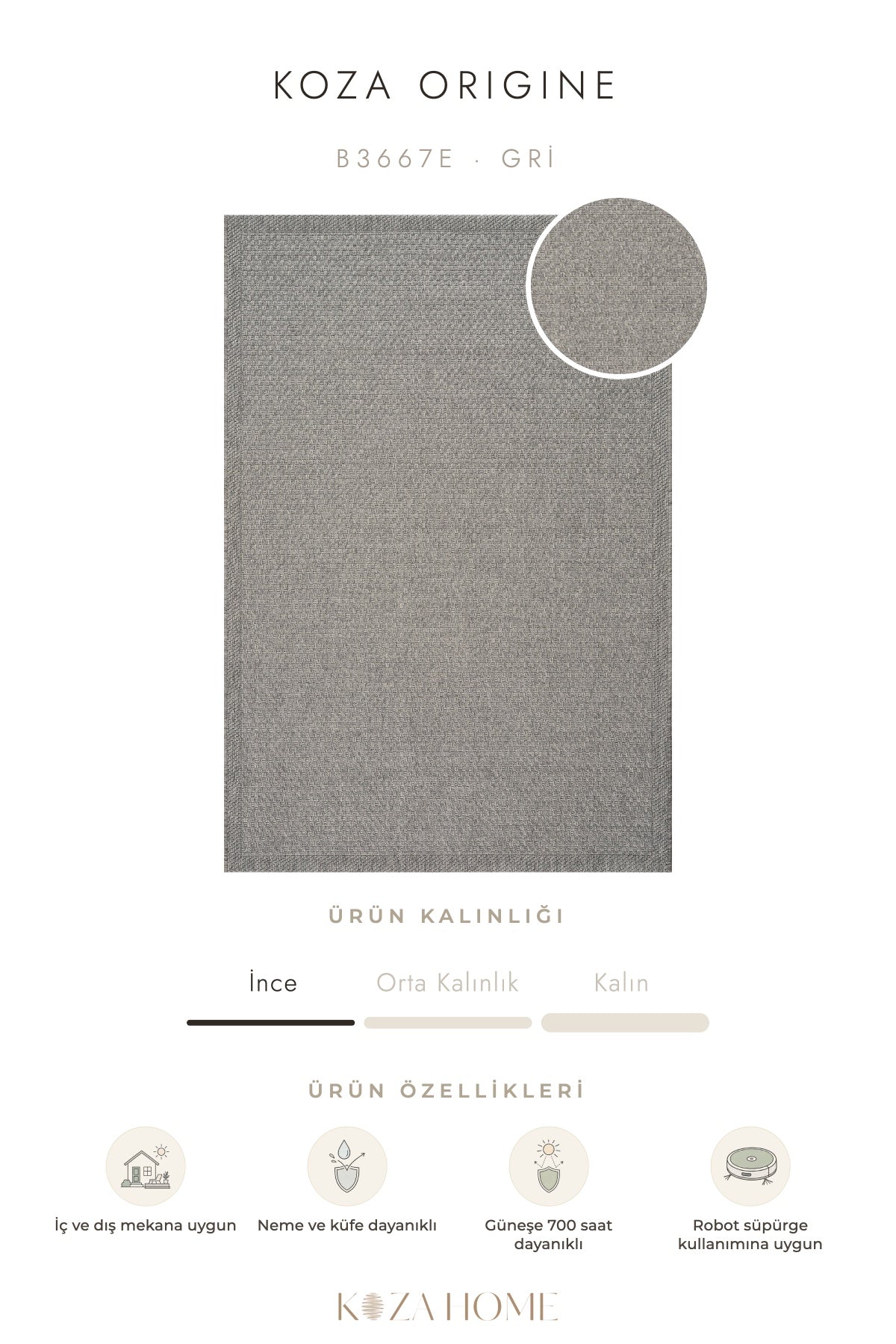 Koza Origine Gri Düz Dokuma Balkon Teras Bahçe Halısı B3667E