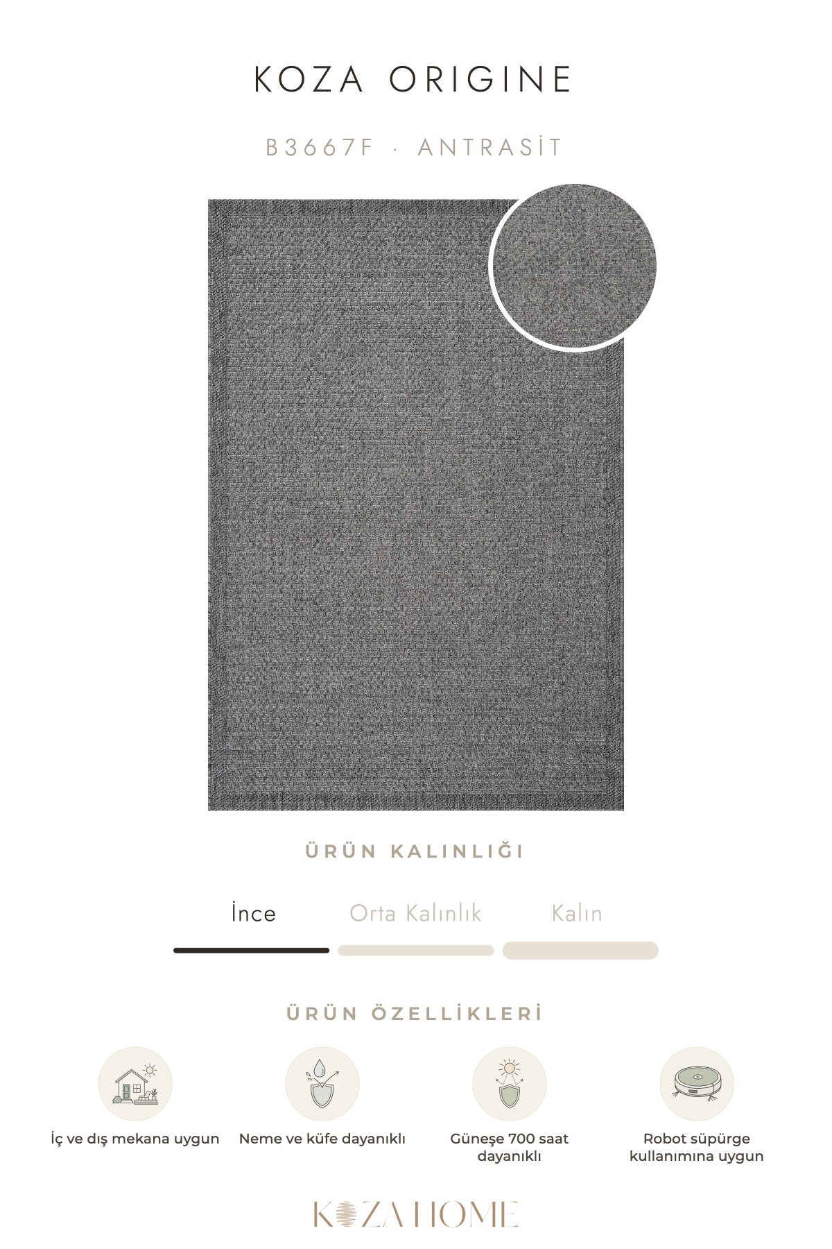 Koza Origine Antrasit Düz Dokuma Balkon Teras Bahçe Halısı B3667F