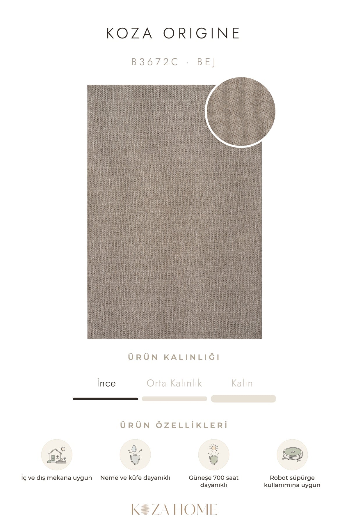Koza Origine Bej Düz Dokuma Balkon Teras Bahçe Halısı B3672C