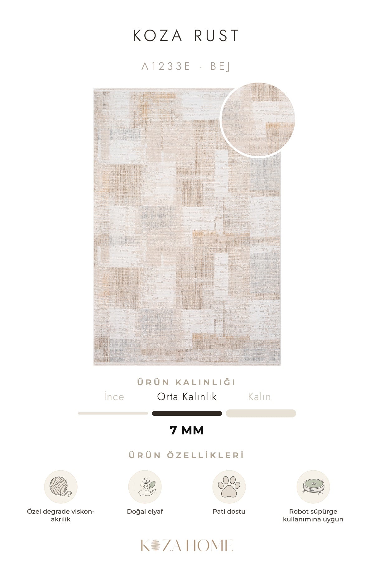 Koza Rust Bej Modern Çizgili Salon Halısı A1233E