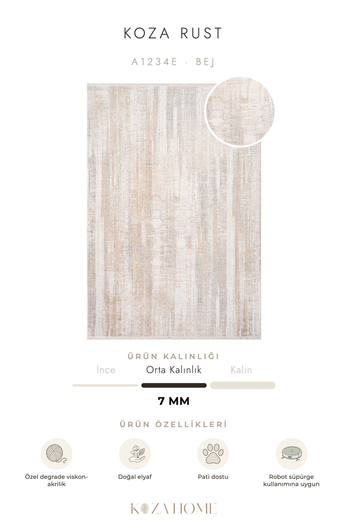 Koza Rust Bej Modern Çizgili Salon Halısı A1234E
