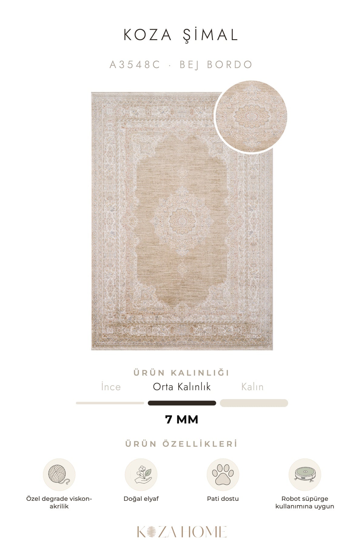 Koza Şimal Bej Bordo Degrade Salon Halısı A3548C