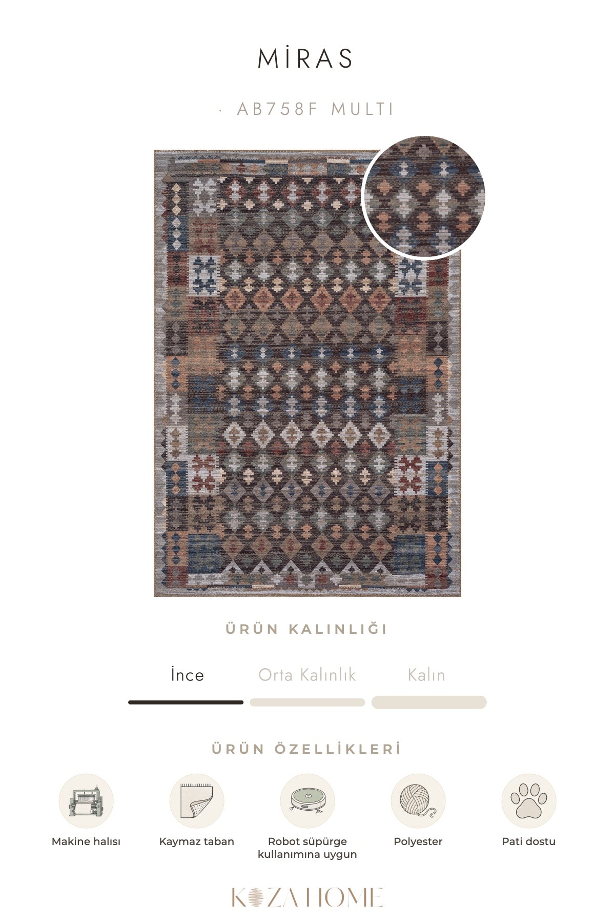 Koza Miras Yıkanabilir Pamuk Kaymaz Taban Şönil Multi Halı AB758F