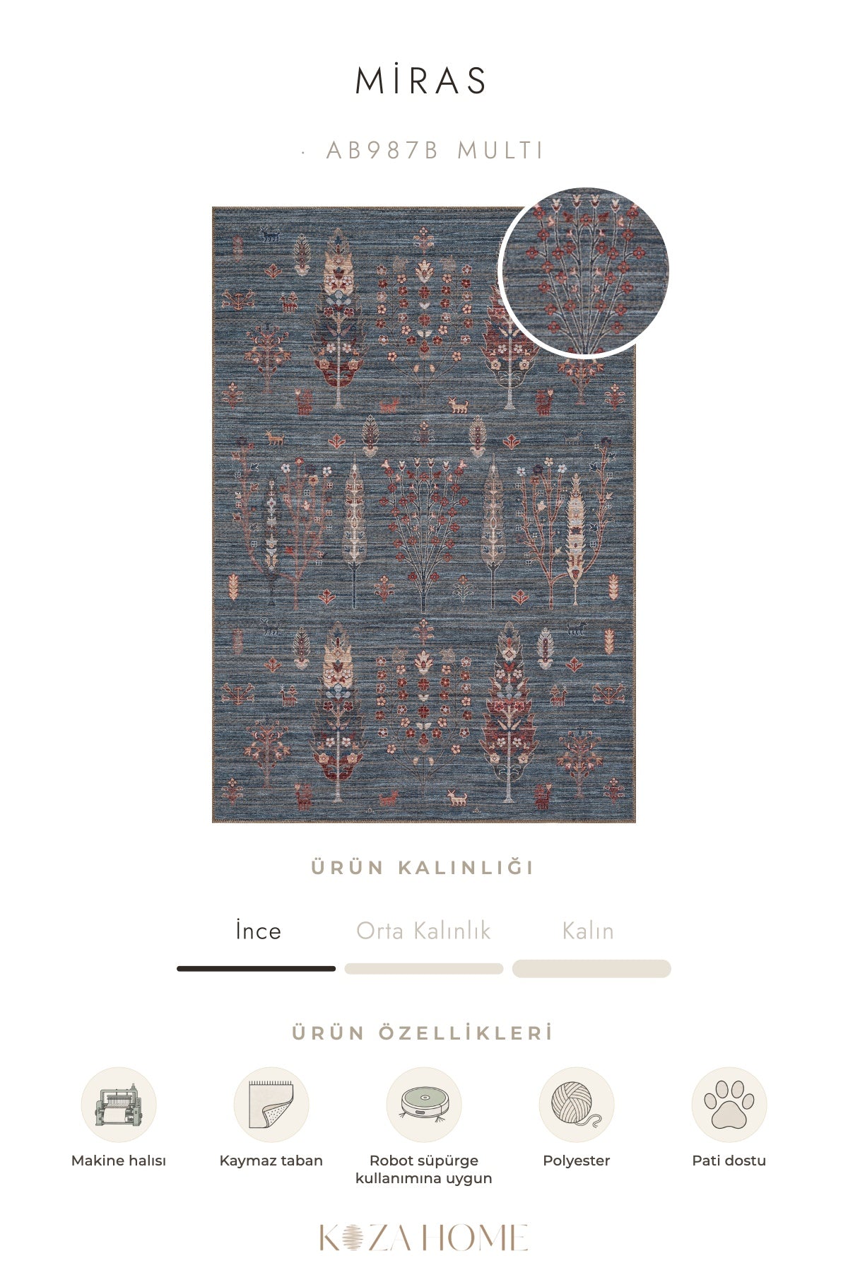 Koza Miras Yıkanabilir Pamuk Kaymaz Taban Şönil Multi Halı AB987B