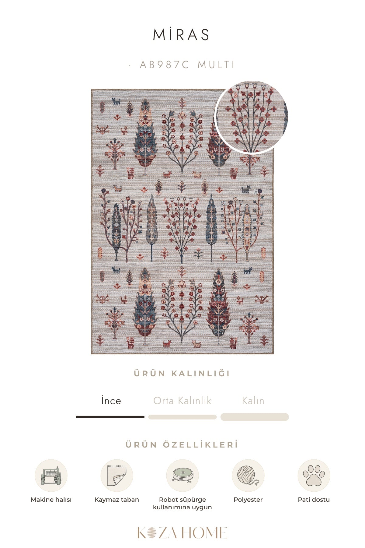 Koza Miras Yıkanabilir Pamuk Kaymaz Taban Şönil Multi Halı AB987C