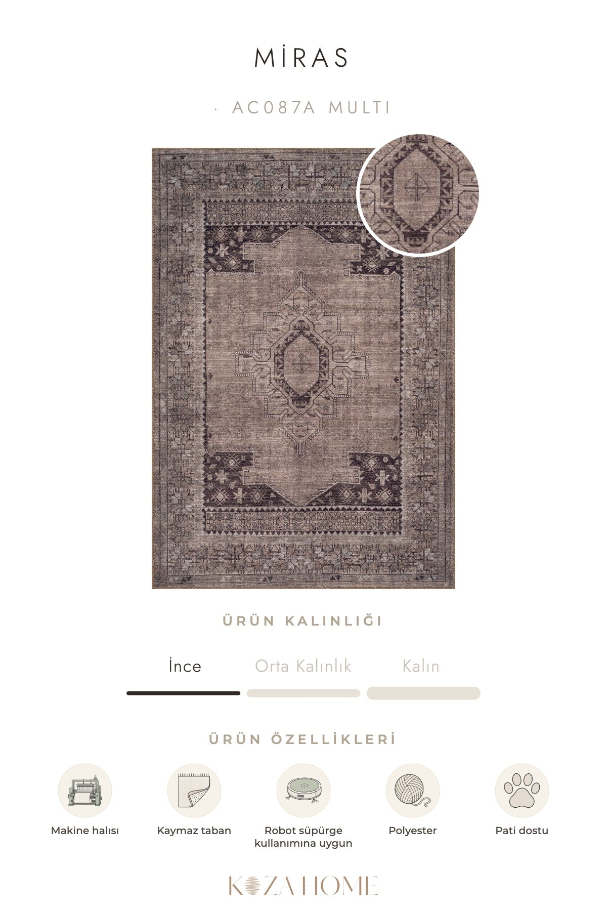 Koza Miras Yıkanabilir Pamuk  Kaymaz Taban Şönil Multi Halı AC087A