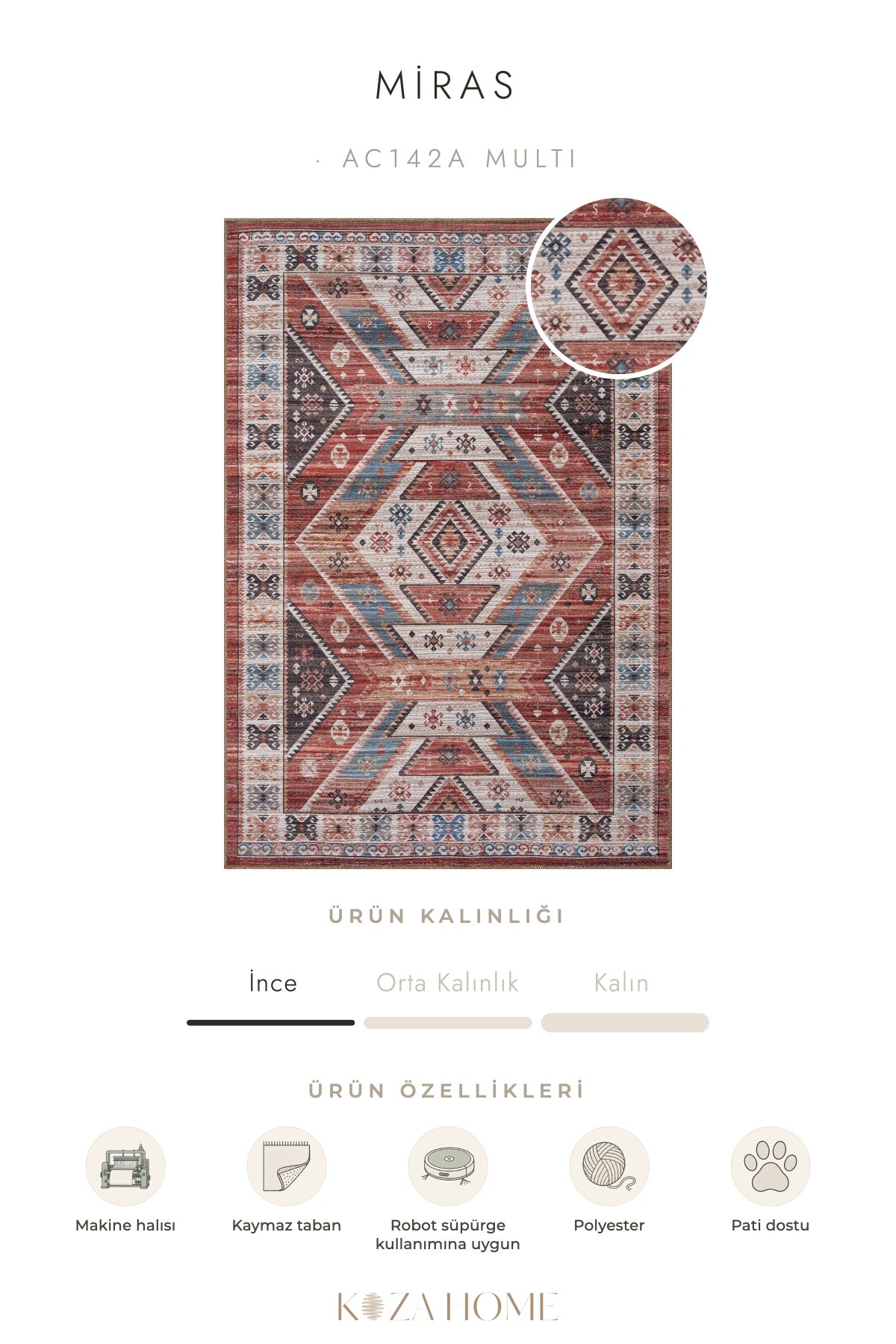 Koza Miras Yıkanabilir Pamuk Kaymaz Taban Şönil Multi Halı AC142A
