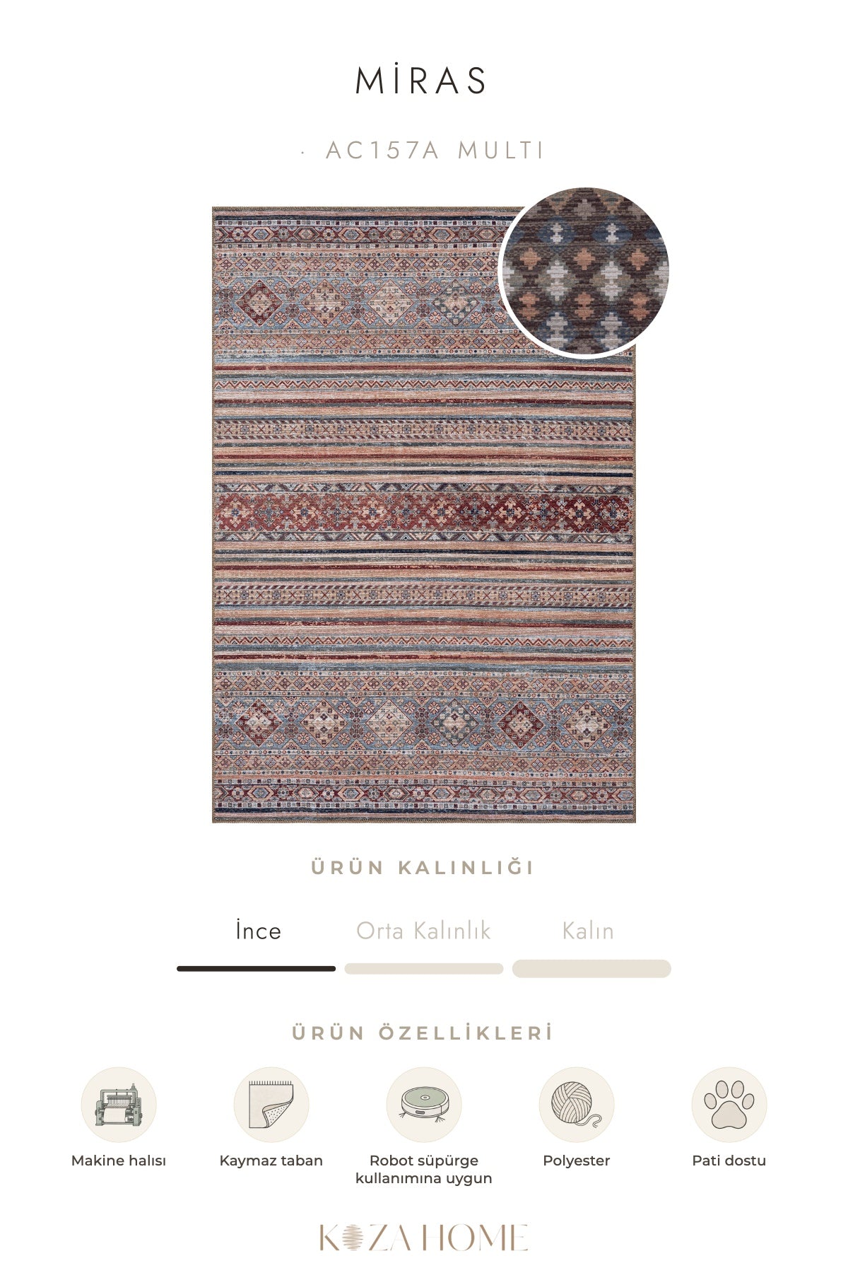 Koza Miras Yıkanabilir Pamuk Kaymaz Taban Şönil Multi Halı AC157A