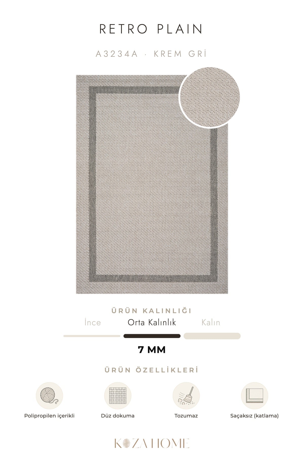 Retro Plain Krem Gri Bordürlü Halı A3234A