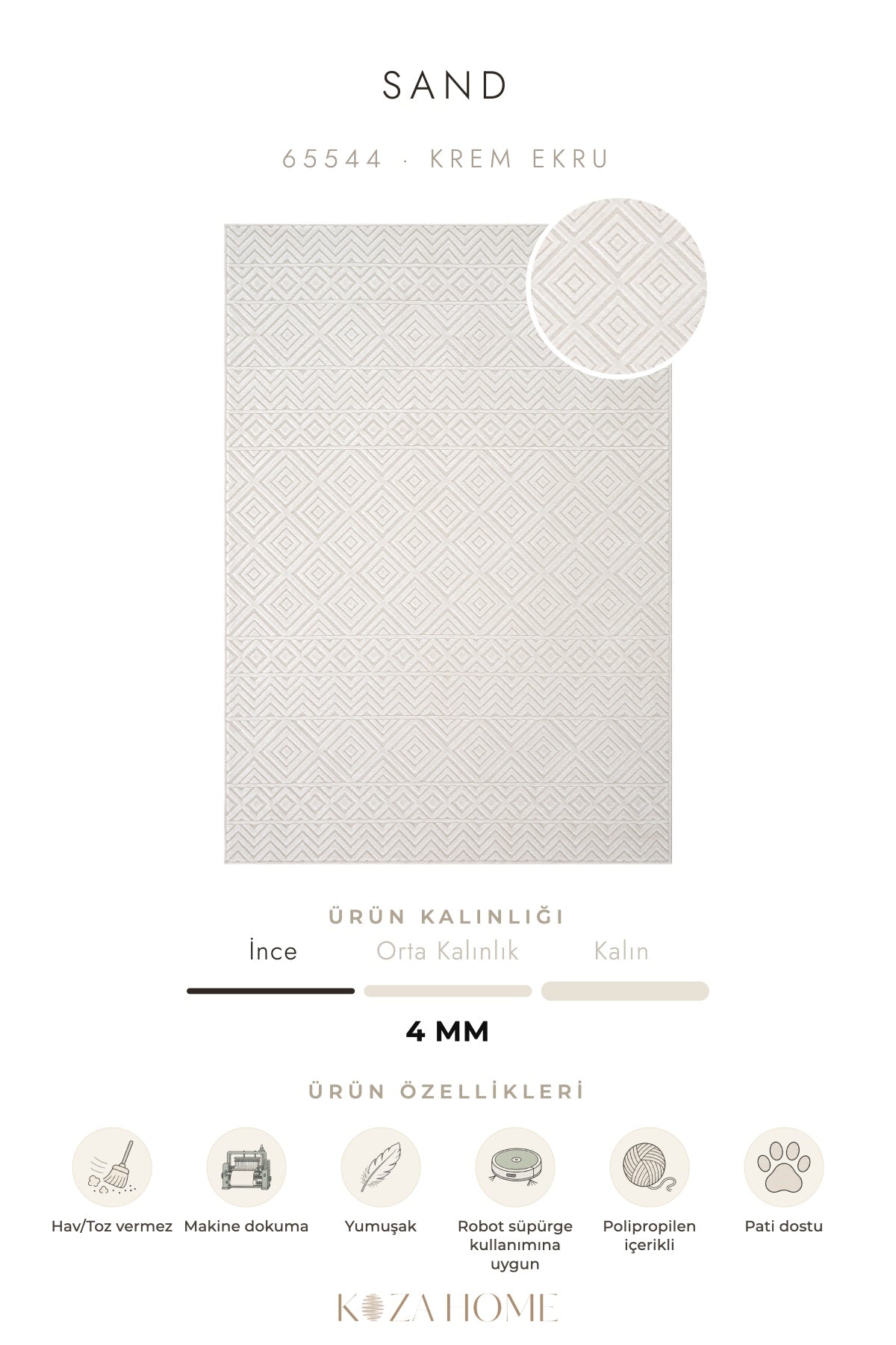 Sand Krem Ekru Temizlenebilir Halı 65544