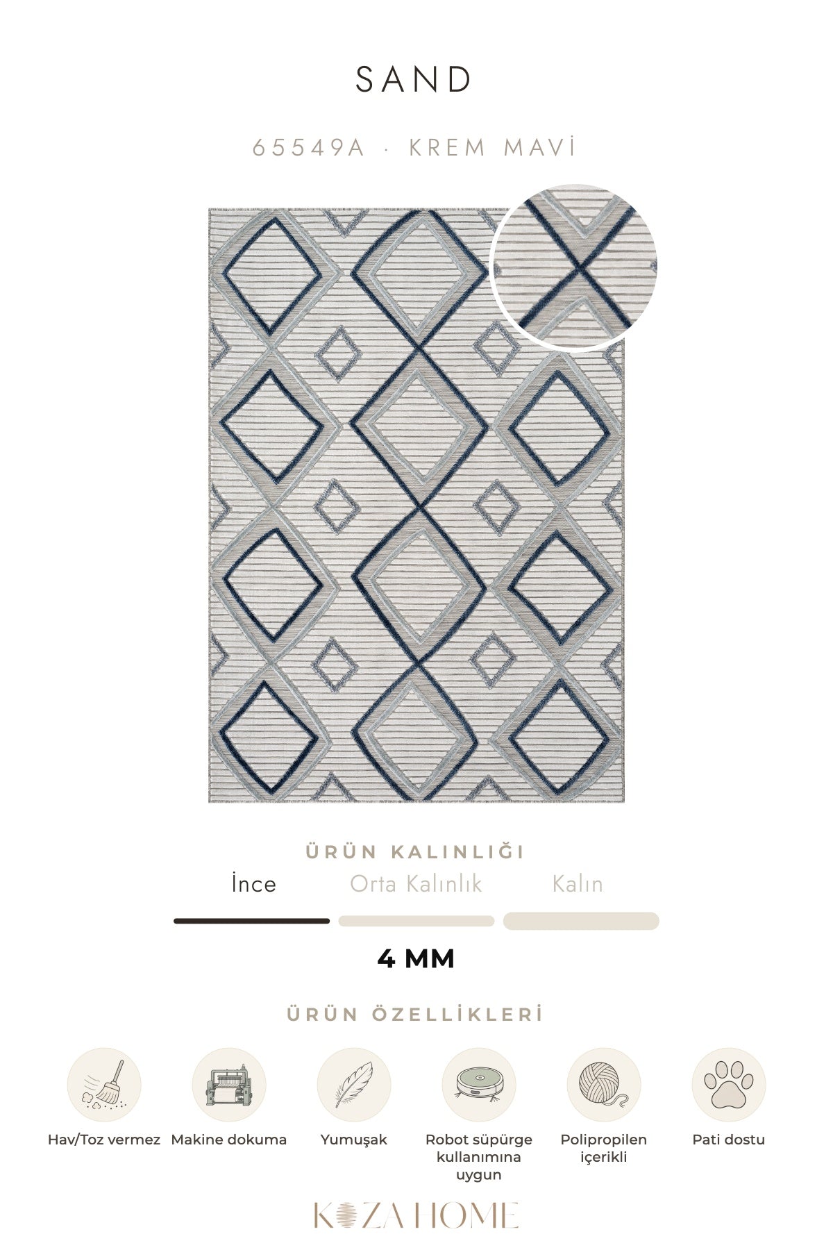 Sand Krem Mavi Temizlenebilir Halı 65549A