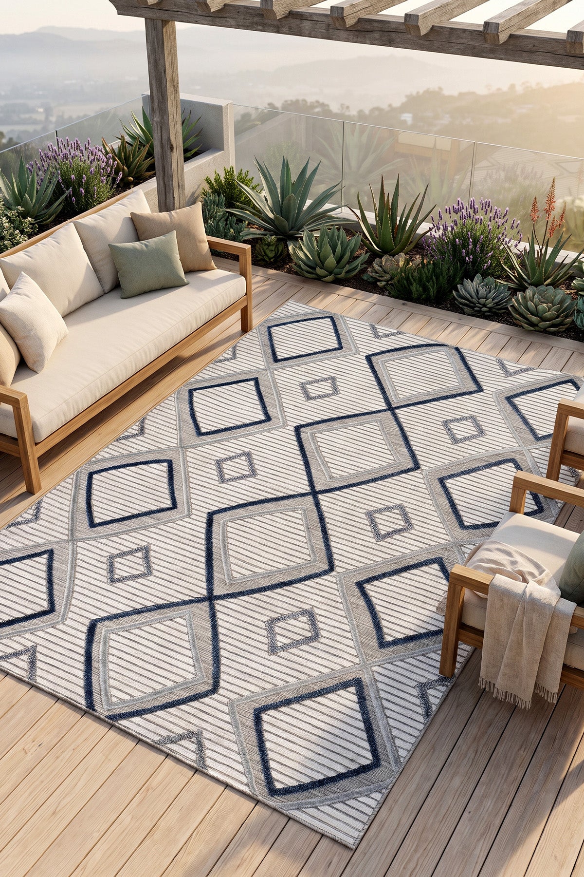 Sand Krem Mavi Temizlenebilir Halı 65549A