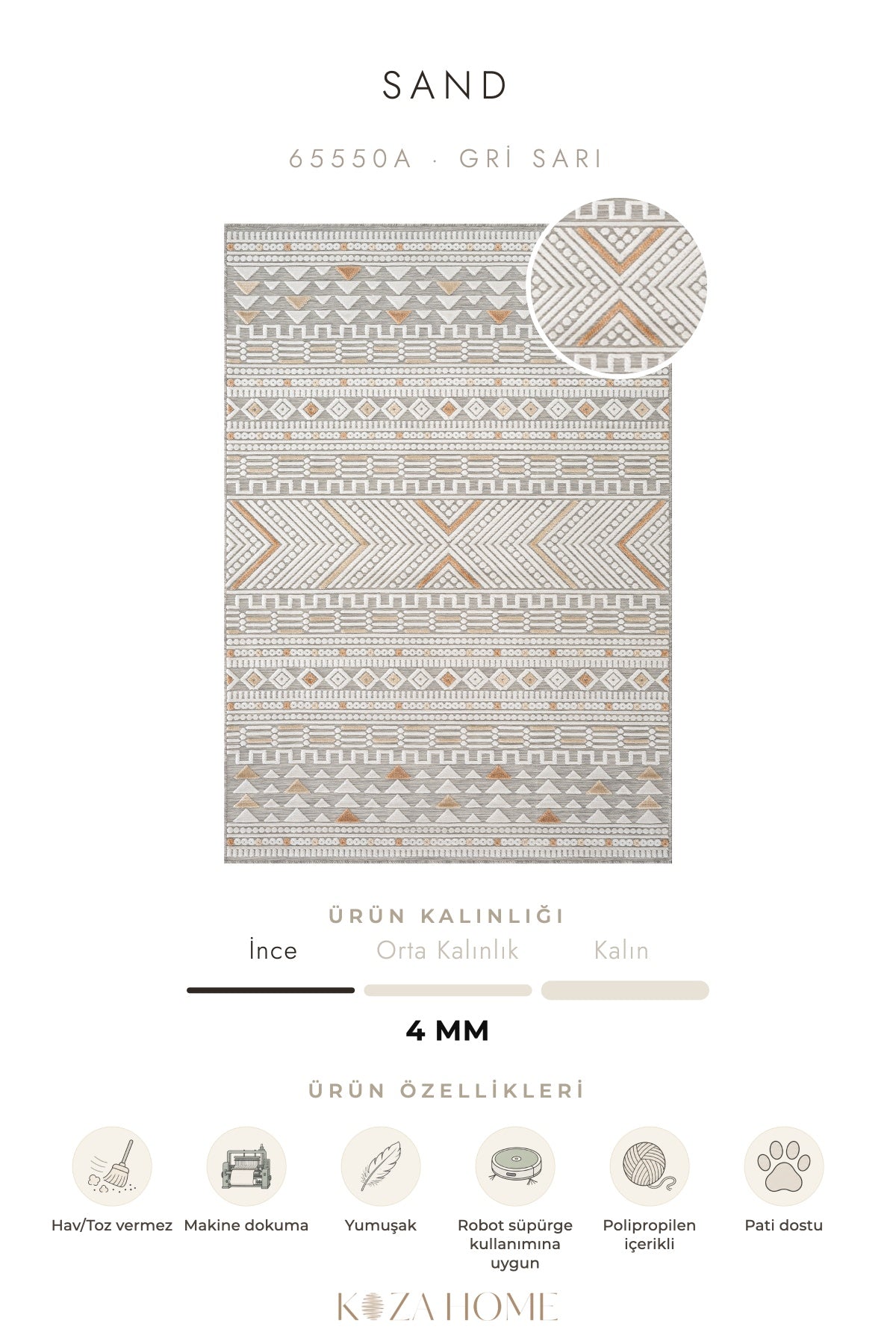 Sand Gri Sarı Temizlenebilir Halı 65550A